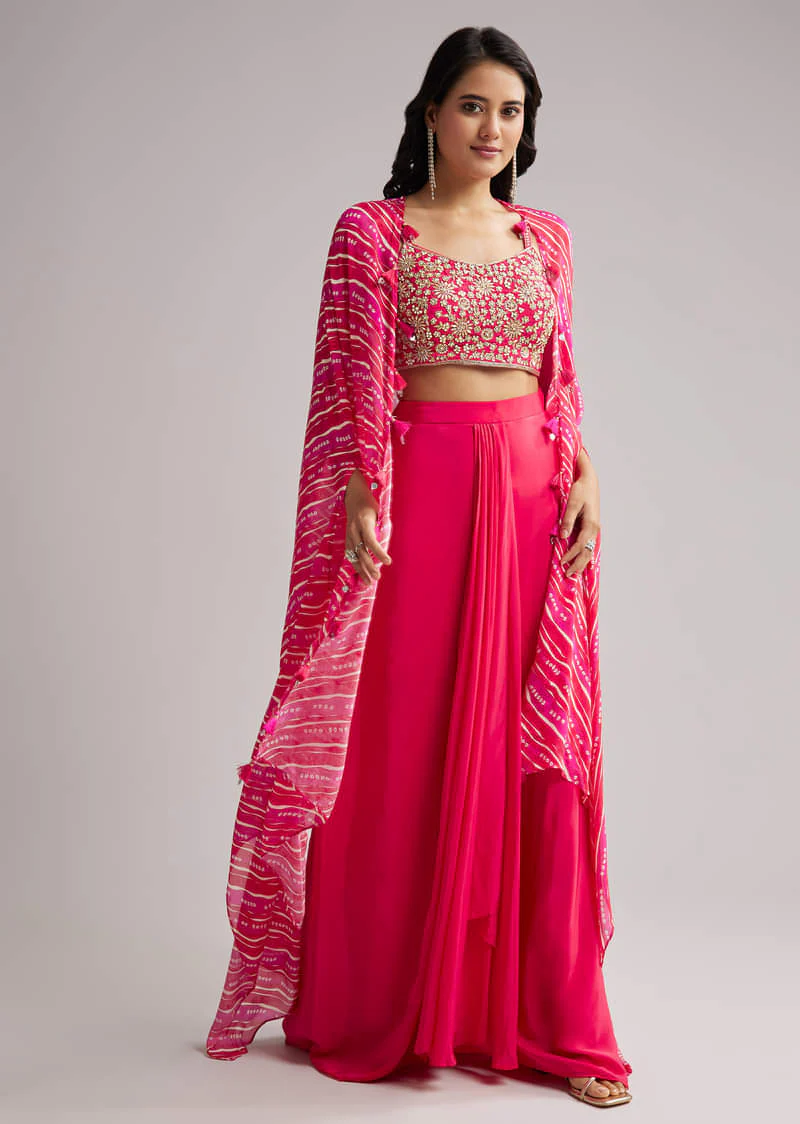 Pink Zardosi Cape Set With Crop Top And Skirt - Image 3