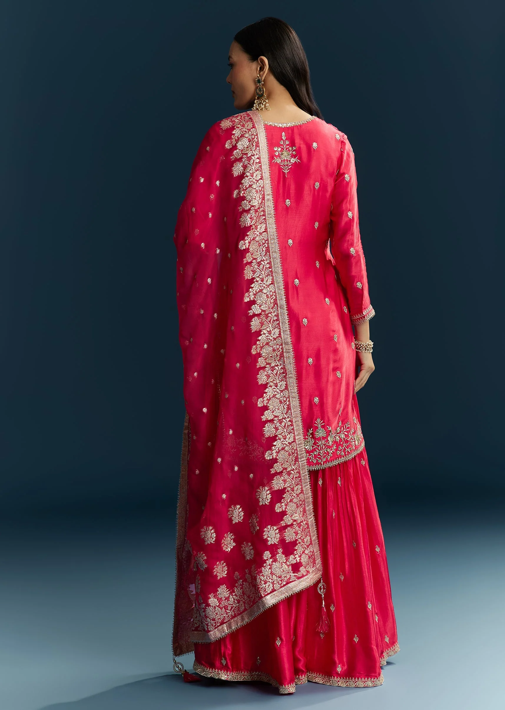 Pink Zari Palazzo Suit Set With Dupatta - Image 5