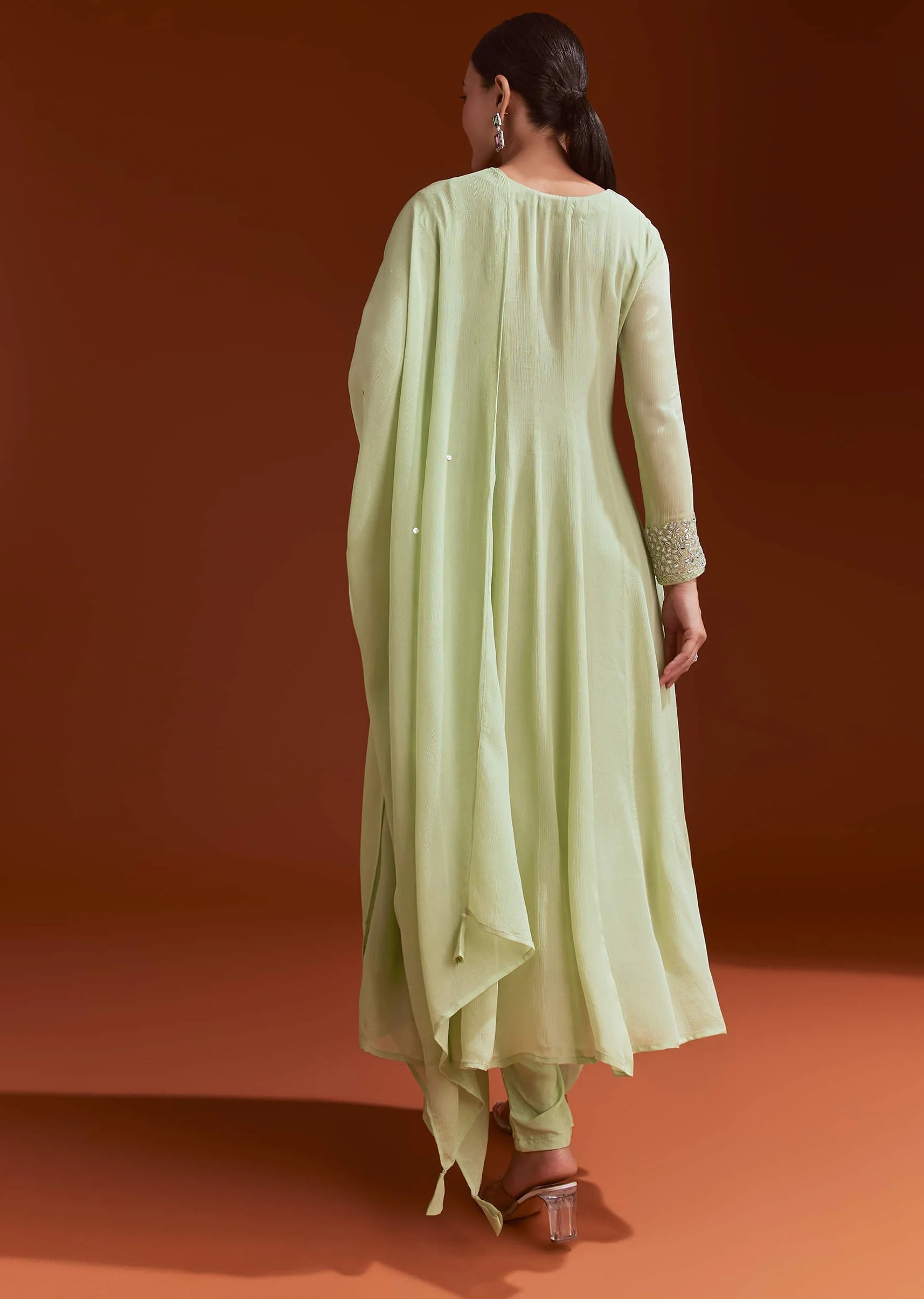 Pista Green Chinon Beaded Stone Work Anarkali Suit - Image 5