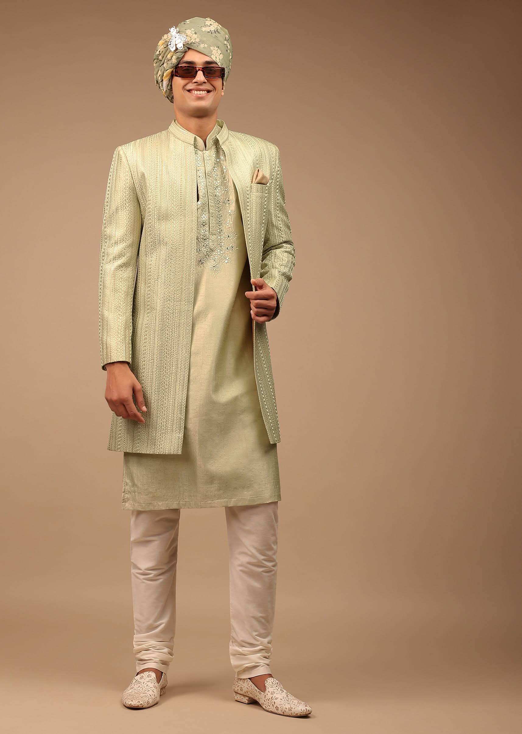 Pista Green Sherwani With Intricate Resham And Mirror Work - Image 3