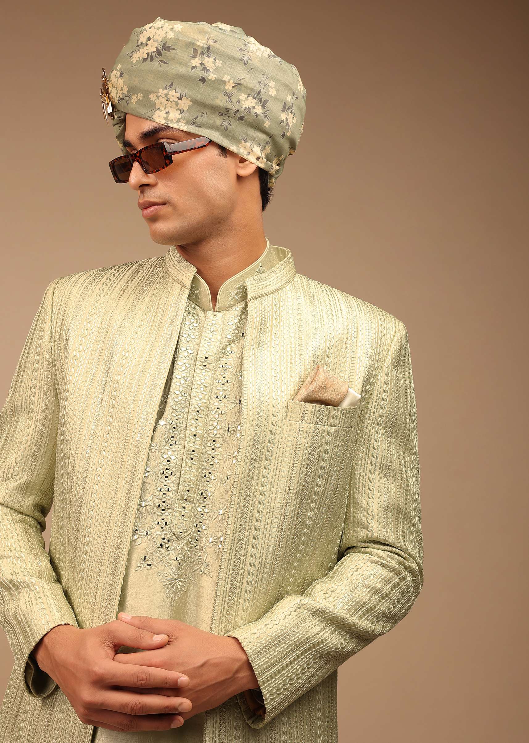 Pista Green Sherwani With Intricate Resham And Mirror Work - Image 6