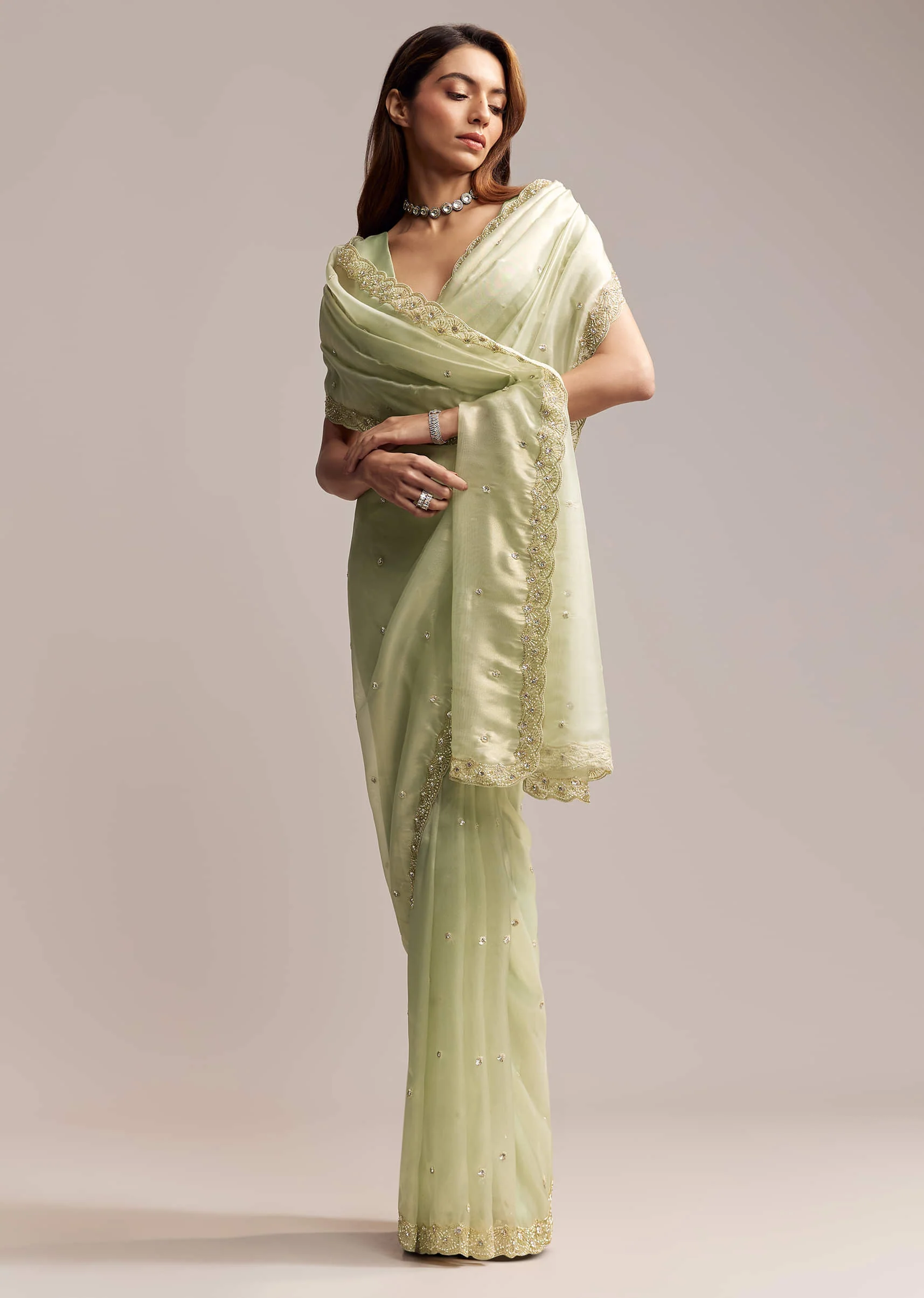 Pista Green Tissue Saree With Butti Work Embroidery - Image 6