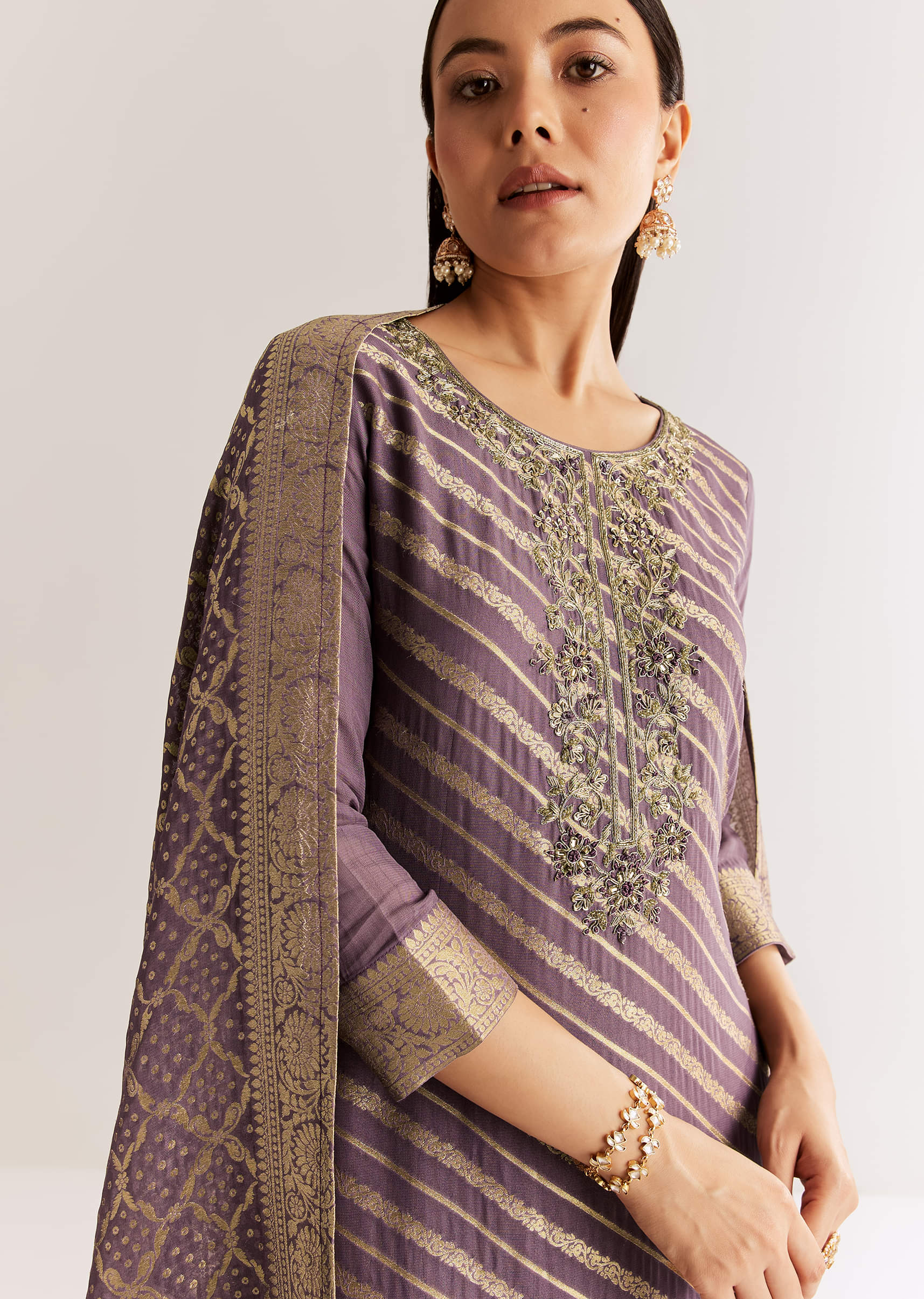 Purple Banarasi Georgette Kurta Set With Zardosi And Cutdana Work - Image 7