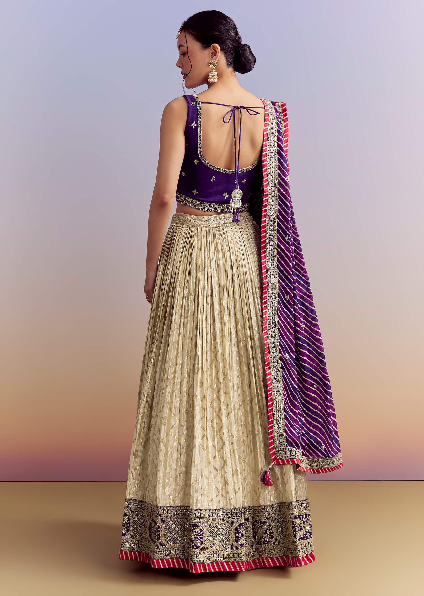 Purple Brocade Silk Bridesmaid Lehenga With Leheriya Dupatta And Zardosi Work - Image 2