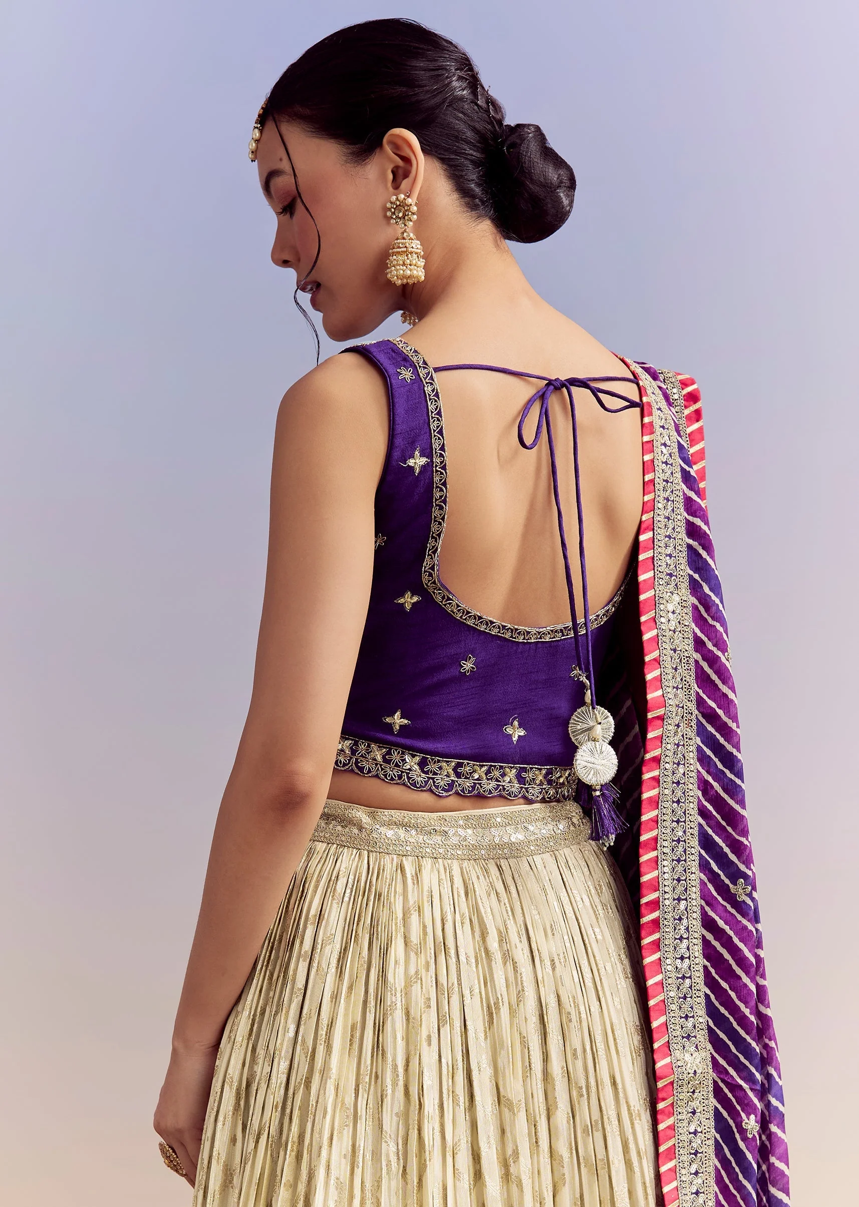 Purple Brocade Silk Bridesmaid Lehenga With Leheriya Dupatta And Zardosi Work - Image 6