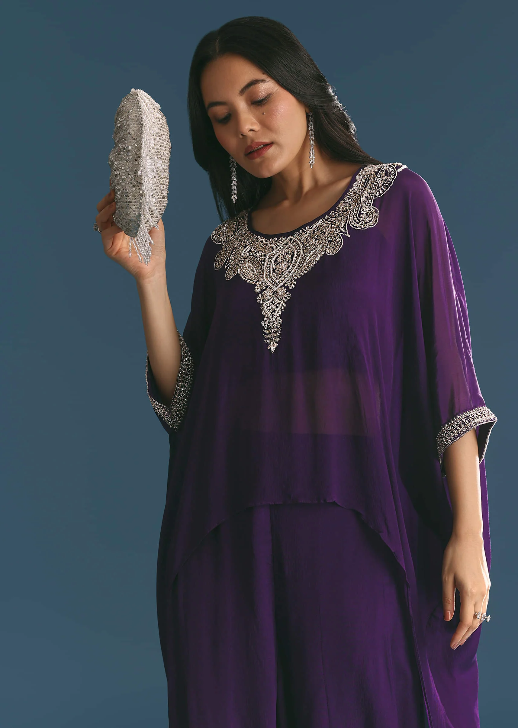Purple Chinon Embroidered Cape Suit - Image 4