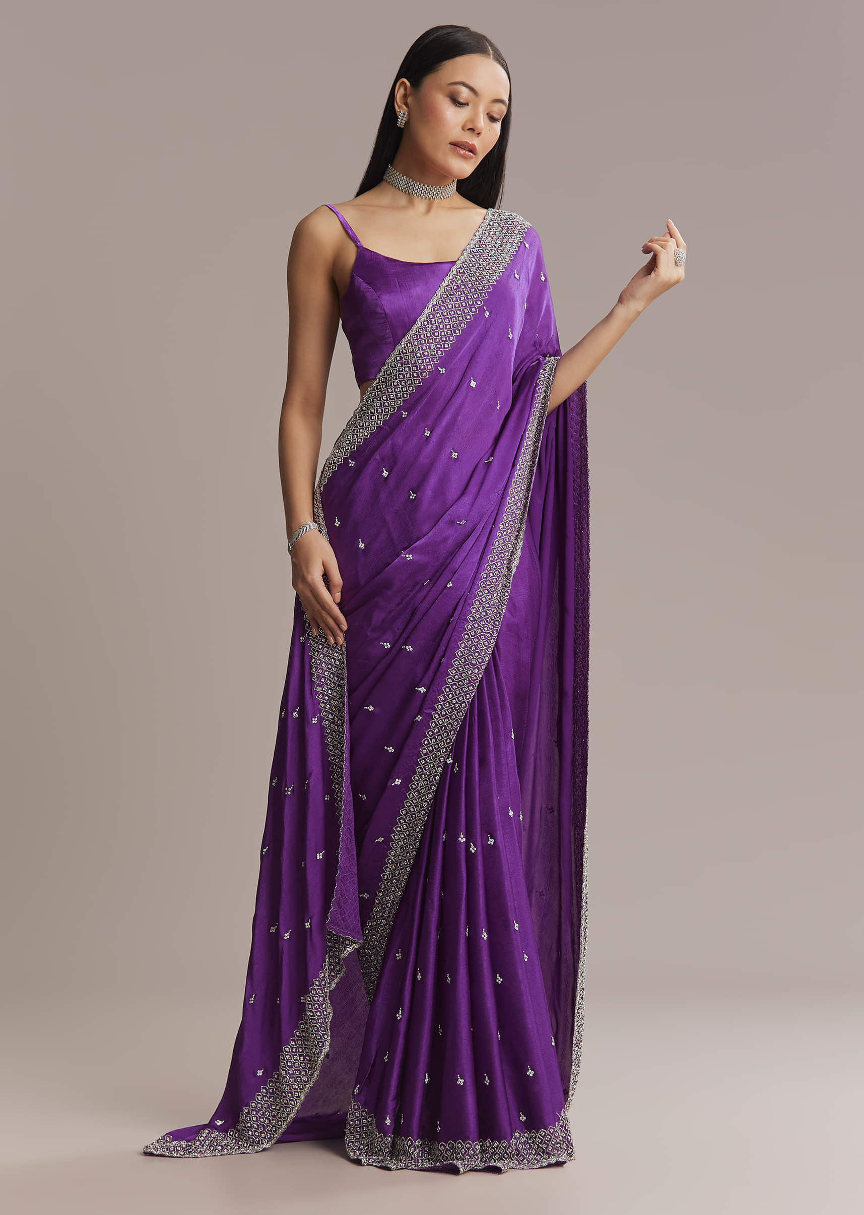 Purple Chinon Saree With Stone And Sequin Embroidery - Image 10