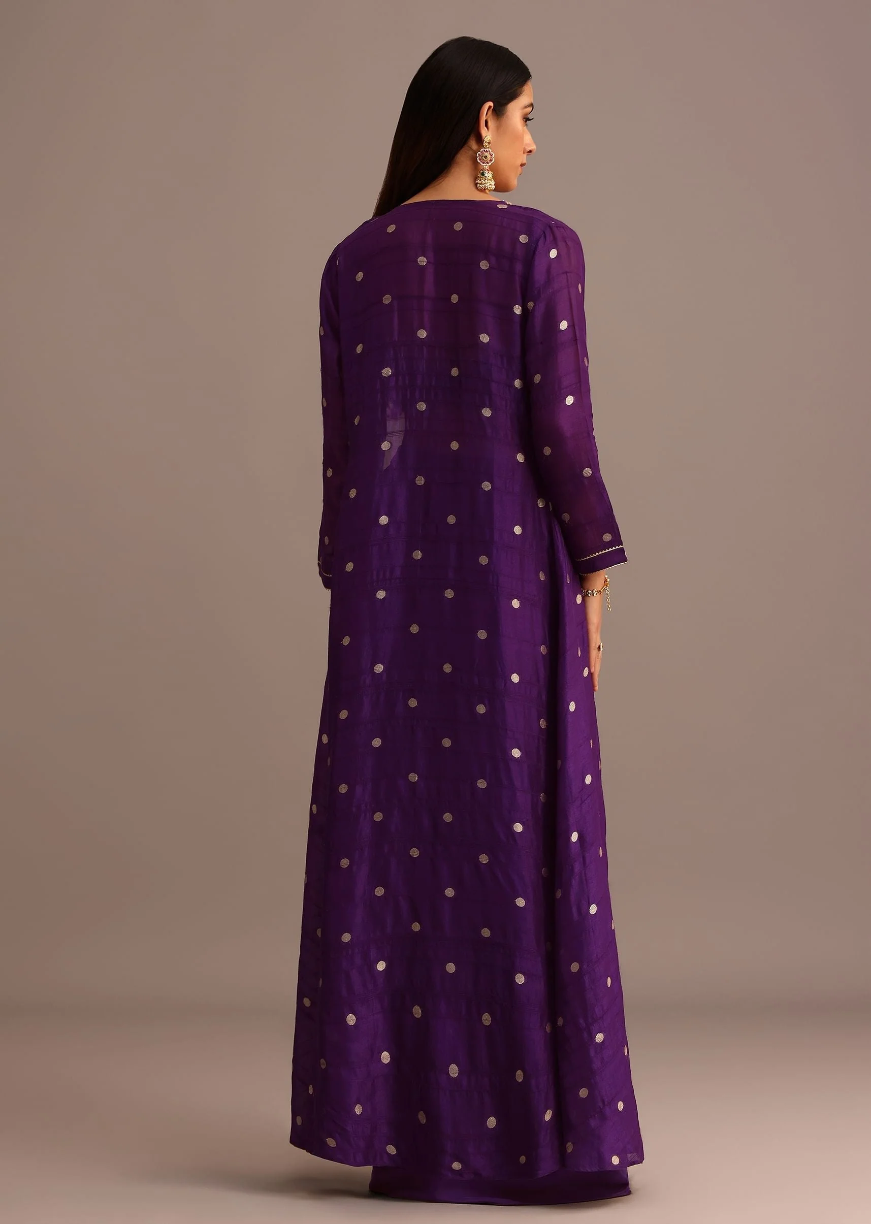 Purple Embroidered Croptop With Drape Skirt And Tussar Jacket - Image 5