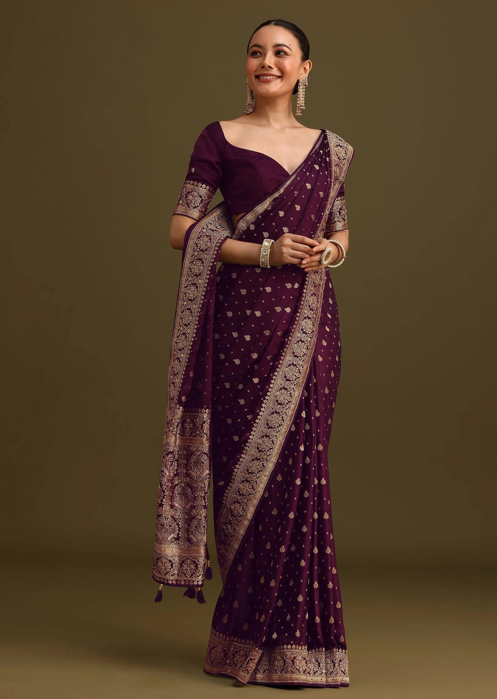 Purple Embroidered Saree With Zardosi Work And Unstitched Blouse - Image 3