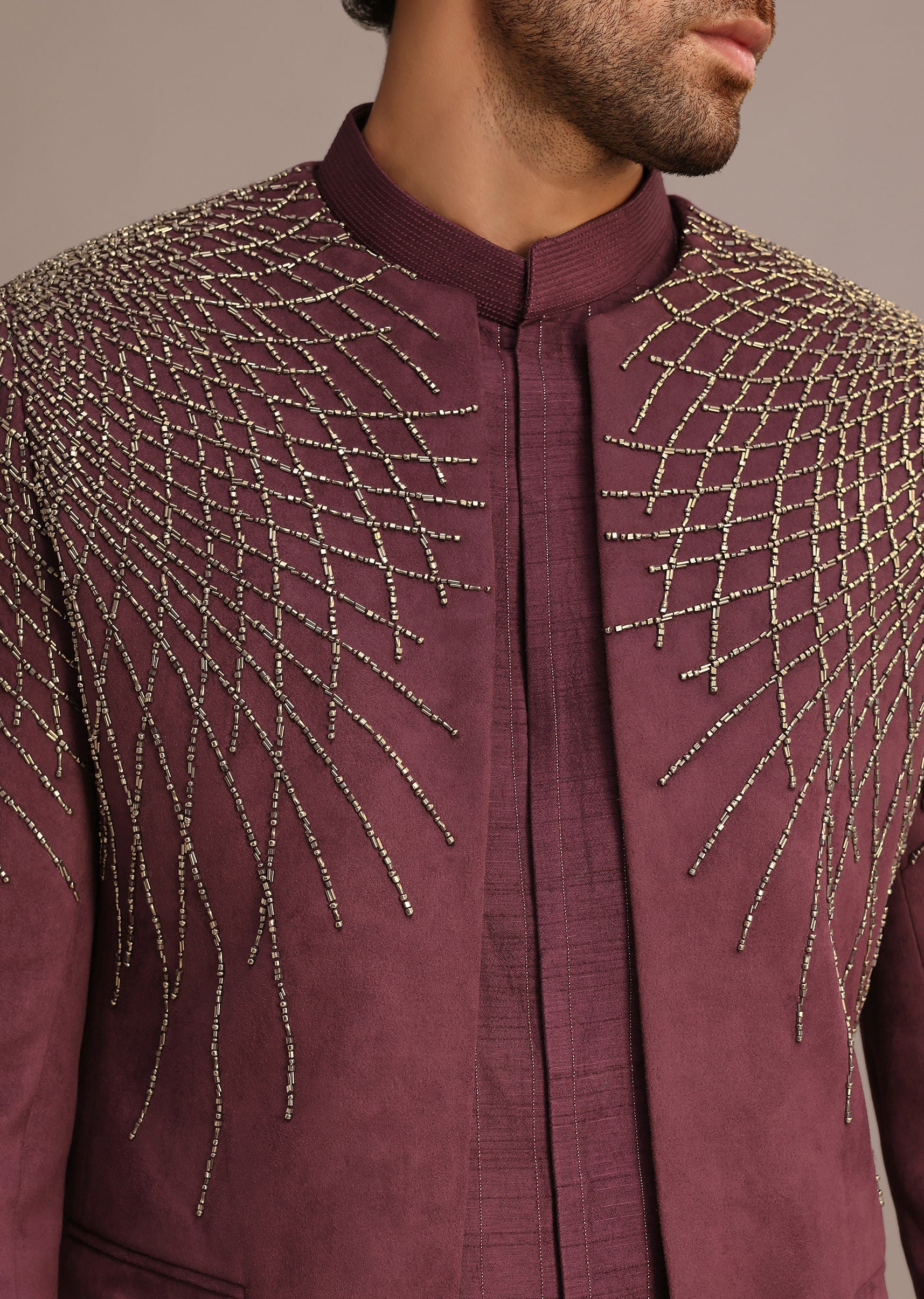 Purple Jacquard Indo Western Set With Zardozi Embroidery - Image 4