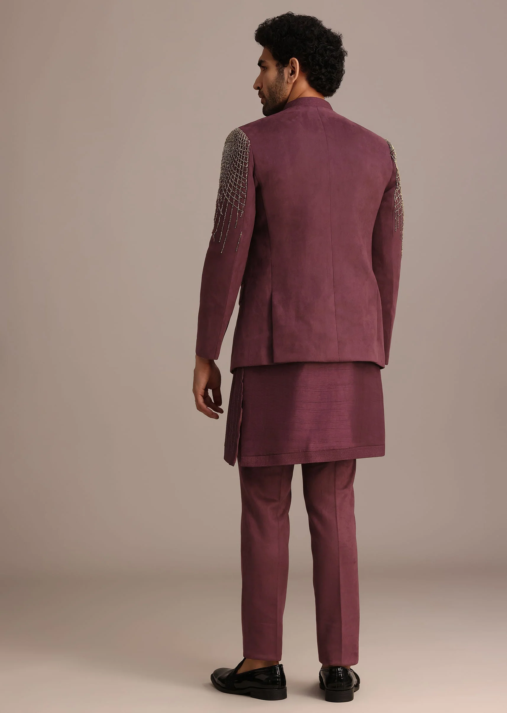 Purple Jacquard Indo Western Set With Zardozi Embroidery - Image 5