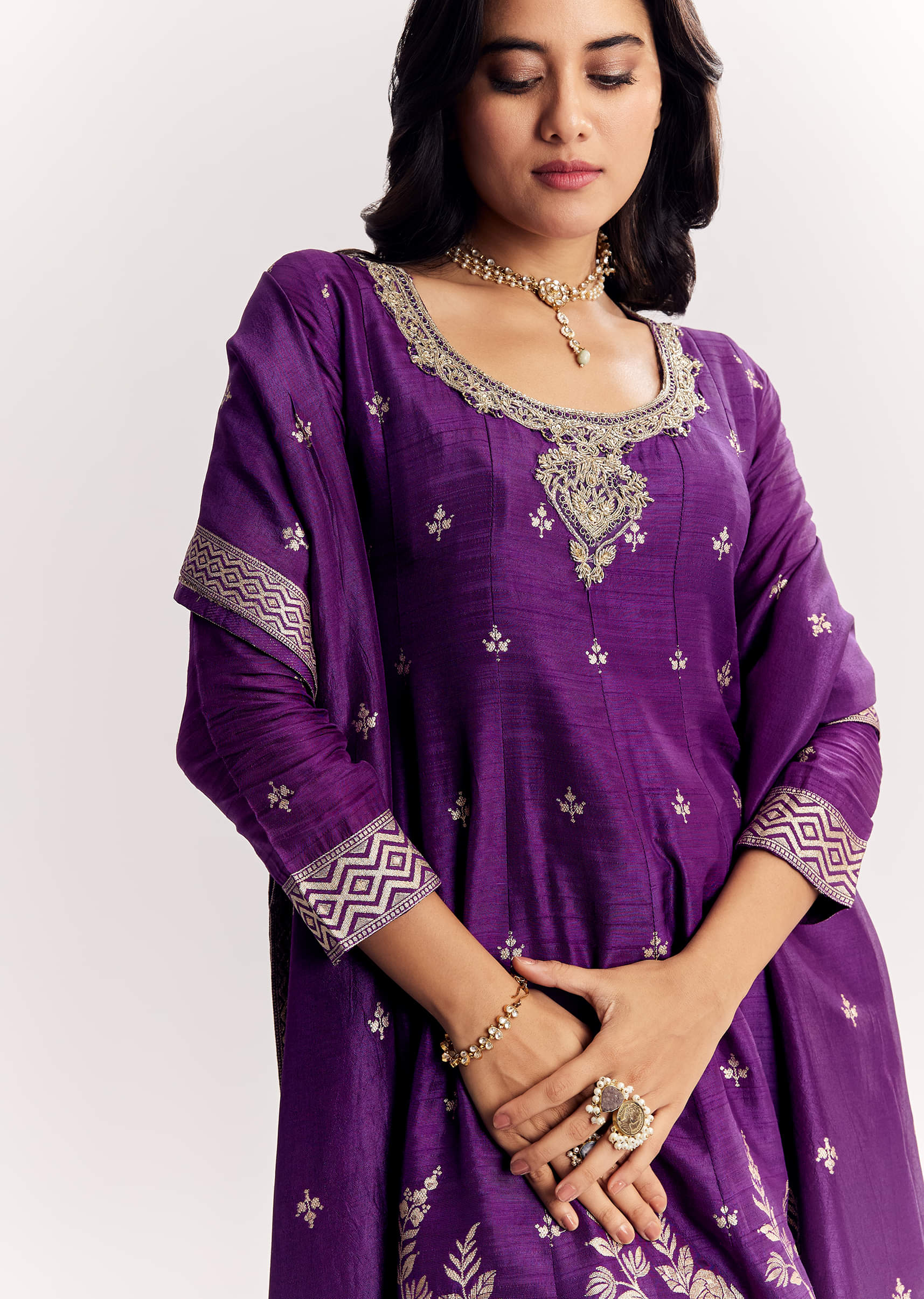 Purple Jacquard Silk Anarkali Dupatta Suit With Traditional Weave - Image 2