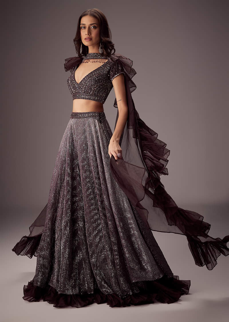 Purple Lehenga Set With Choker Style Dupatta And Flared Organza Skirt - Image 4
