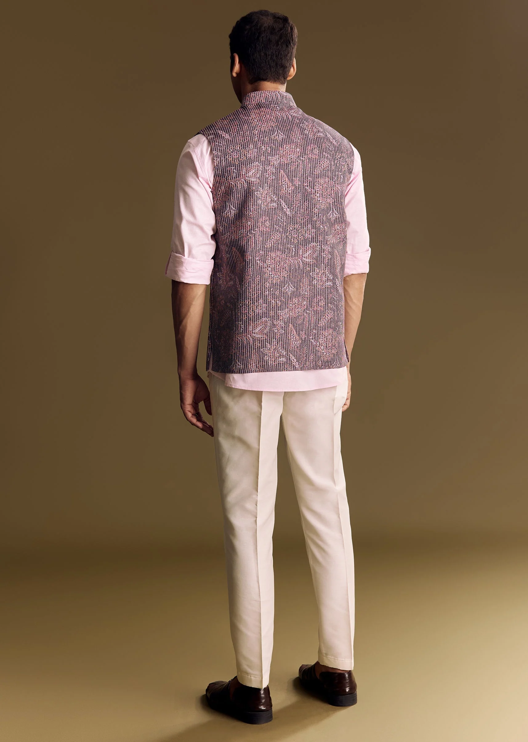Purple Linen Jacket And Shirt Featuring Floral Kantha Detailing - Image 5