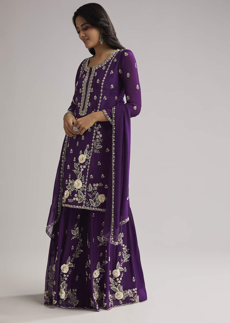 Purple Sequin Embroidered Palazzo Set With Dupatta - Image 3