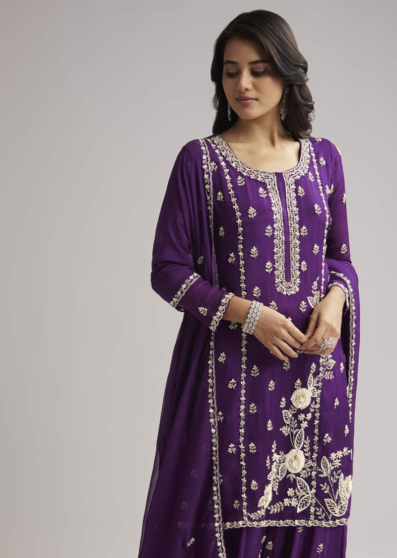 Purple Sequin Embroidered Palazzo Set With Dupatta - Image 4