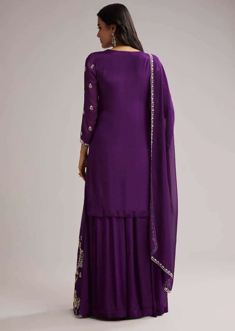 Purple Sequin Embroidered Palazzo Set With Dupatta - Image 5
