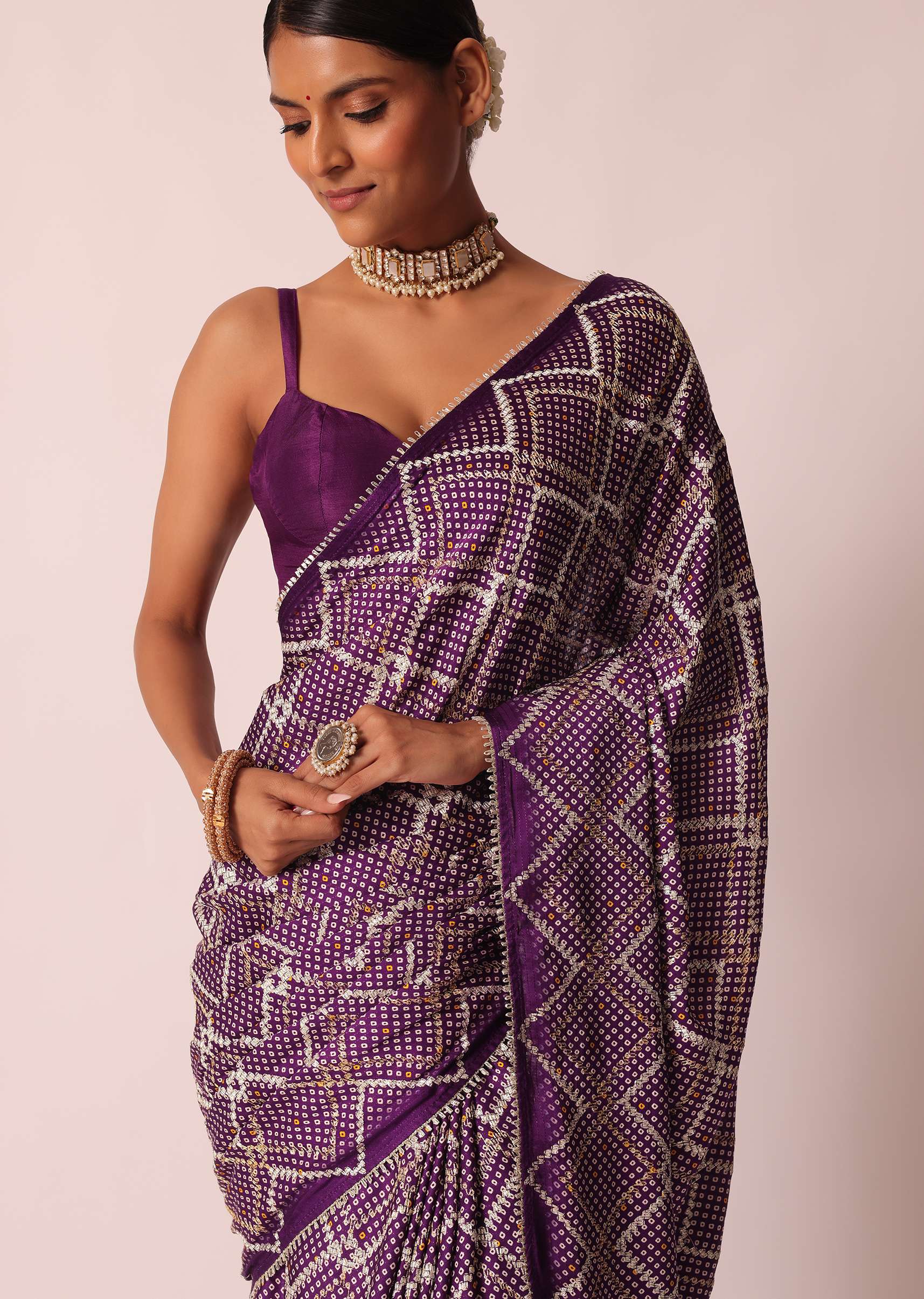 Purple Silk Bandhani Print Saree With Gota Embroidery And Unstitched Blouse Piece - Image 5