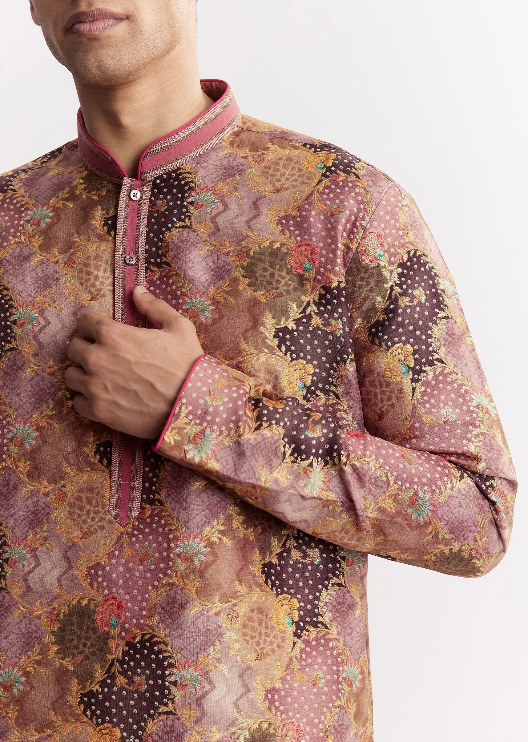 Purple Silk Floral Printed Kurta Set With Mandarin Collar - Image 3