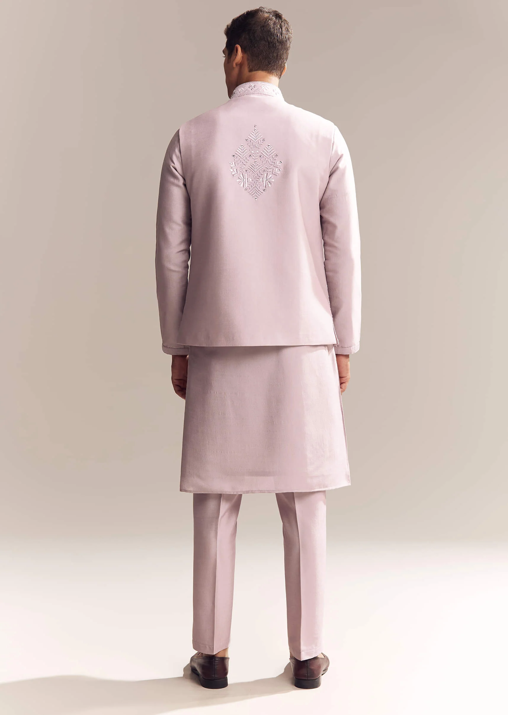 Purple Silk Kurta Jacket Set For Men With Mirror Embroidery - Image 5