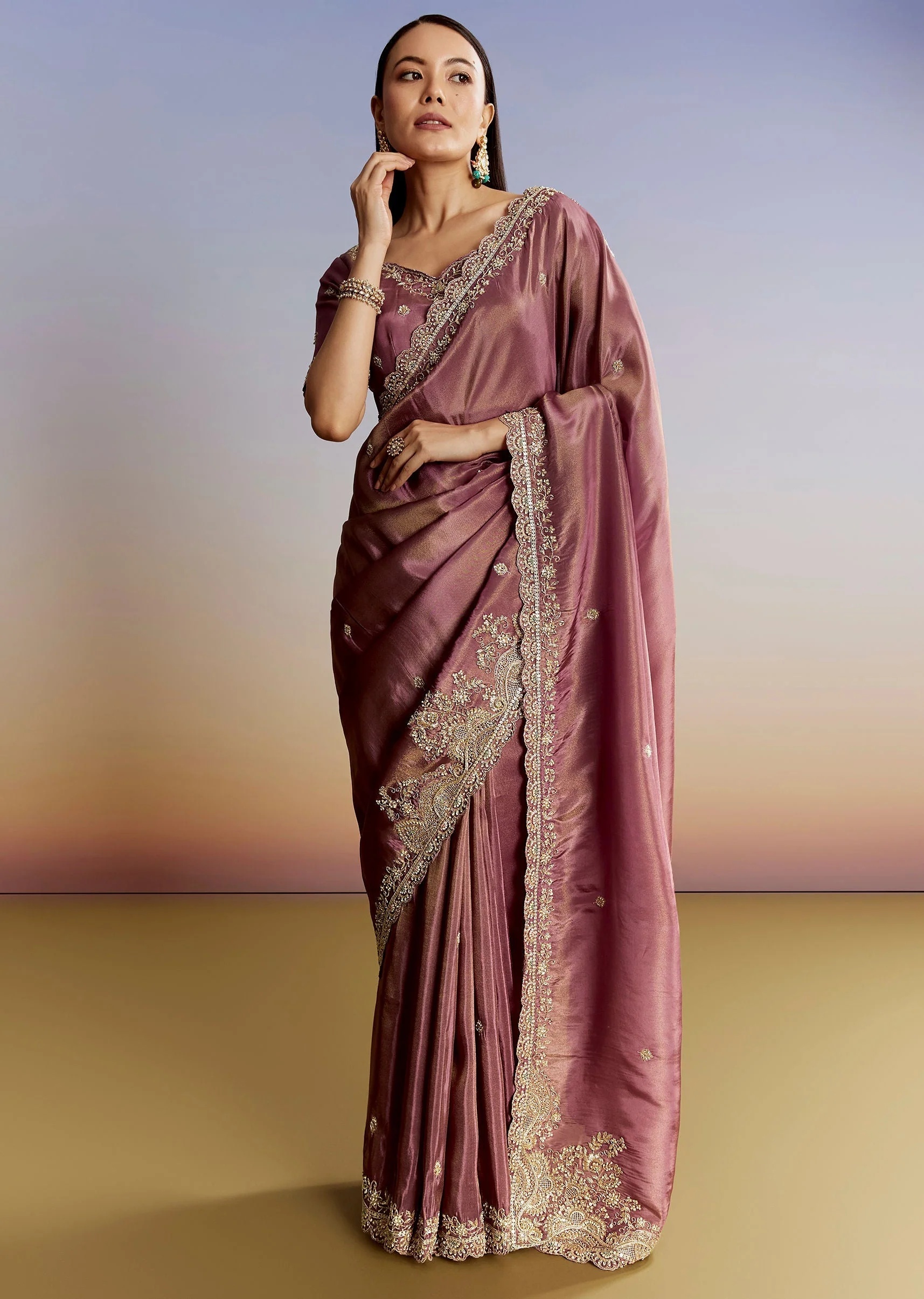 Purple Tissue Saree With Cutdana Sequins And Resham Knot Work - Image 3