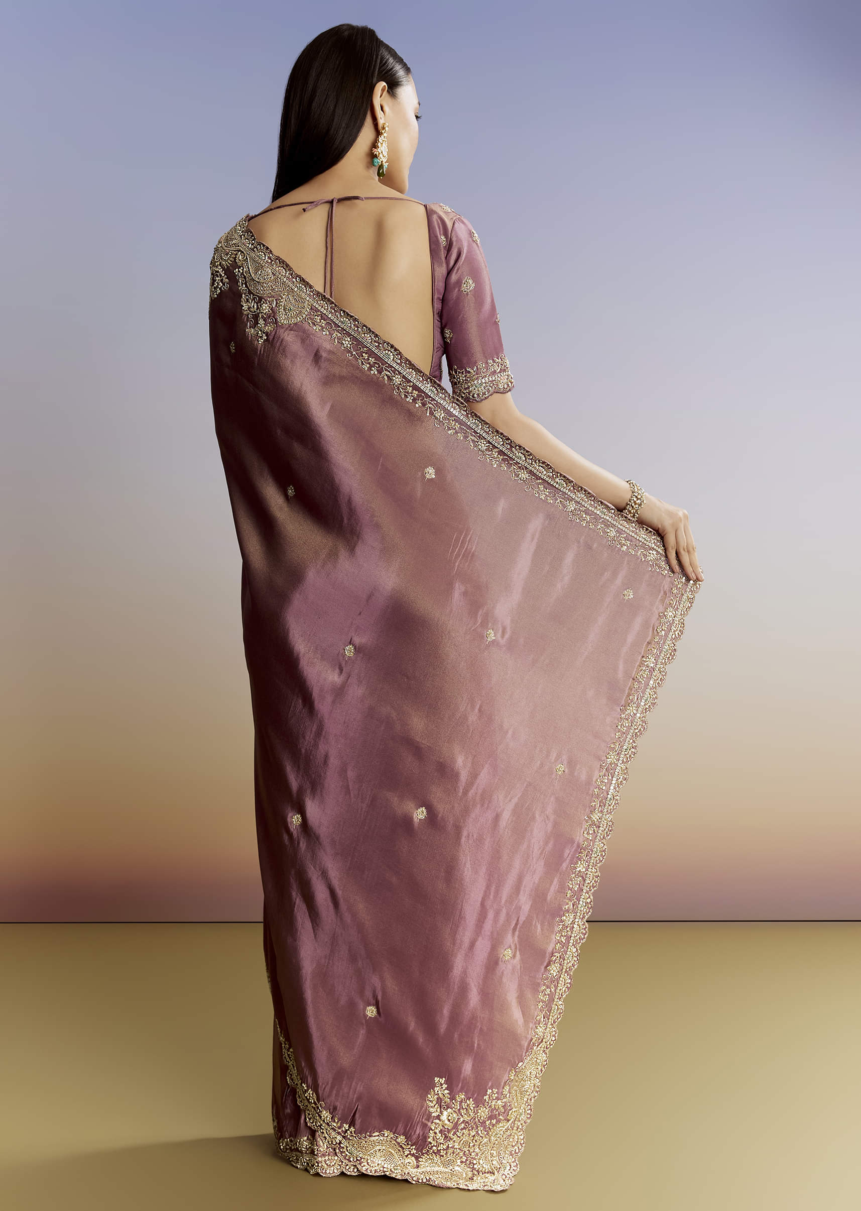 Purple Tissue Saree With Cutdana Sequins And Resham Knot Work - Image 6