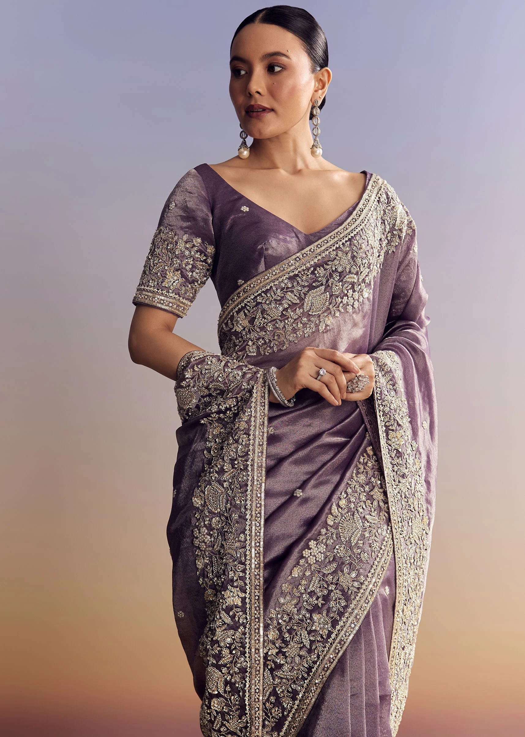 Purple Tissue Saree With Heavy Floral Embroidered Border - Image 5