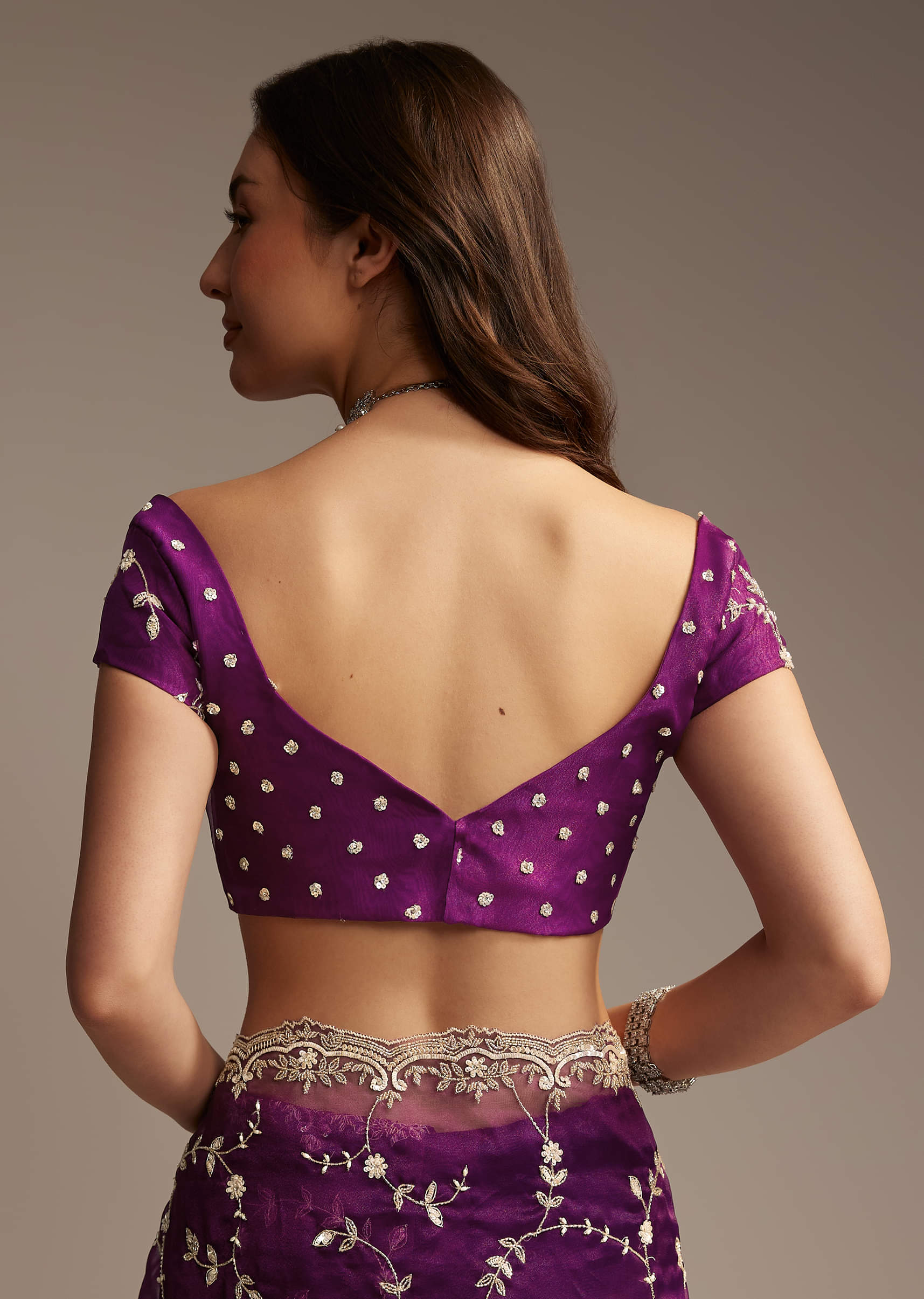 Purple Tissue Saree with Heavy Floral Embroidery - Image 7