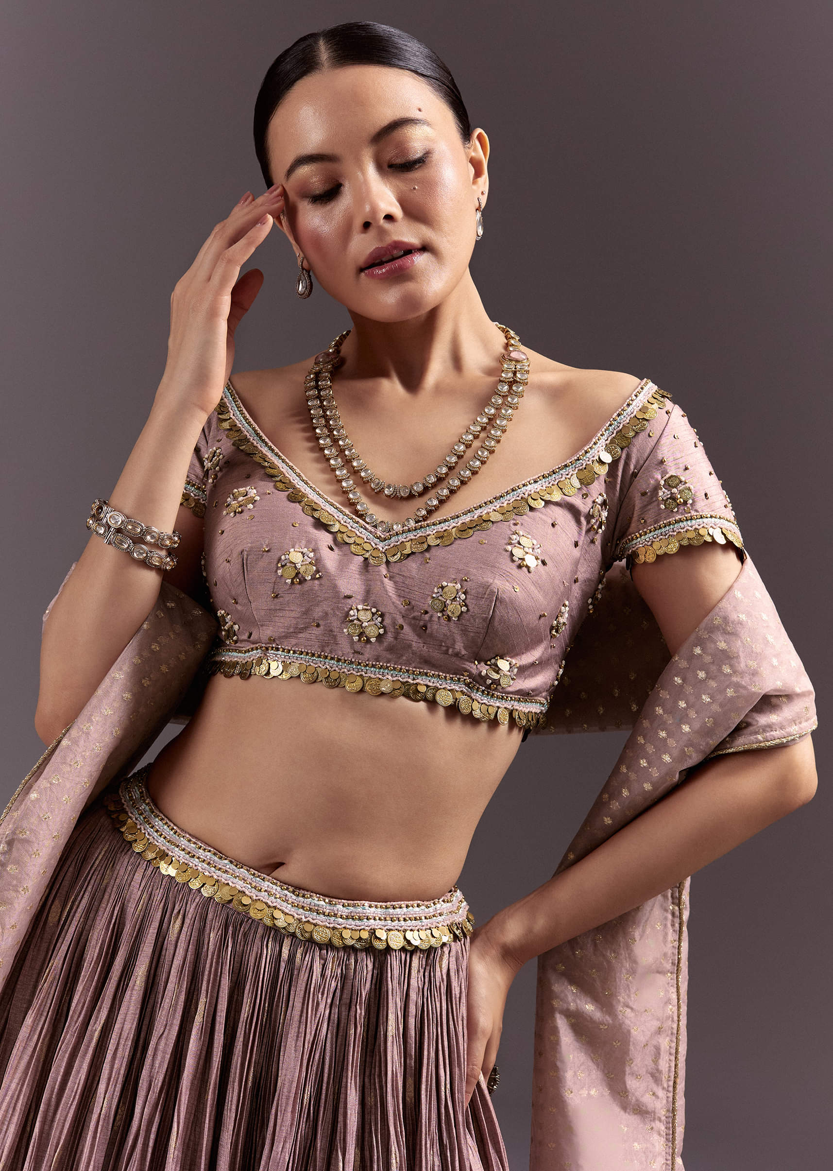Purple Tussar Lehenga Set With Copper Coin Metal Embroidery - Image 2