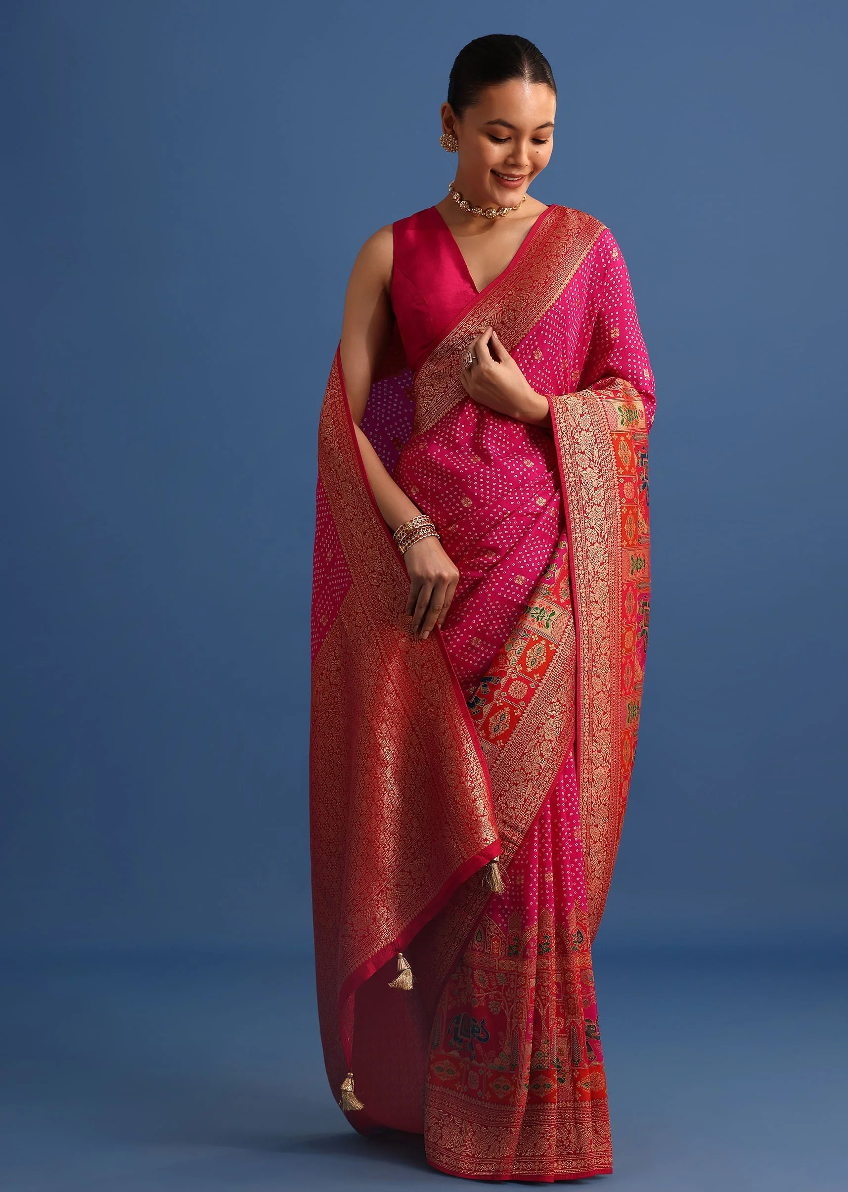 Rani Pink Banarasi Bandhani Satin Saree With Brocade Motifs On Border - Image 3