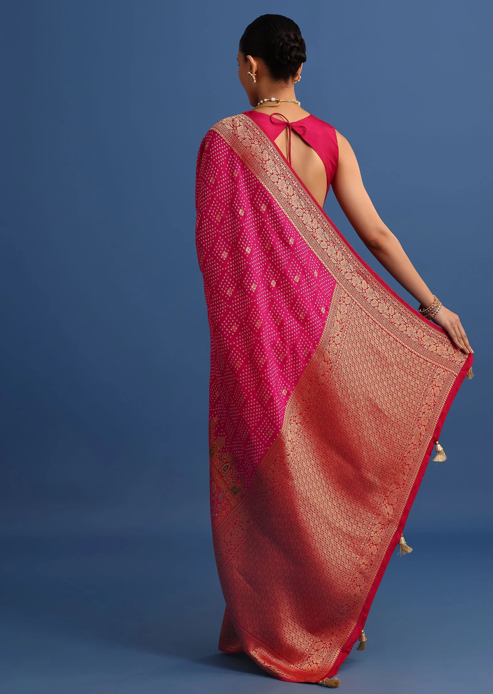 Rani Pink Banarasi Bandhani Satin Saree With Brocade Motifs On Border - Image 4