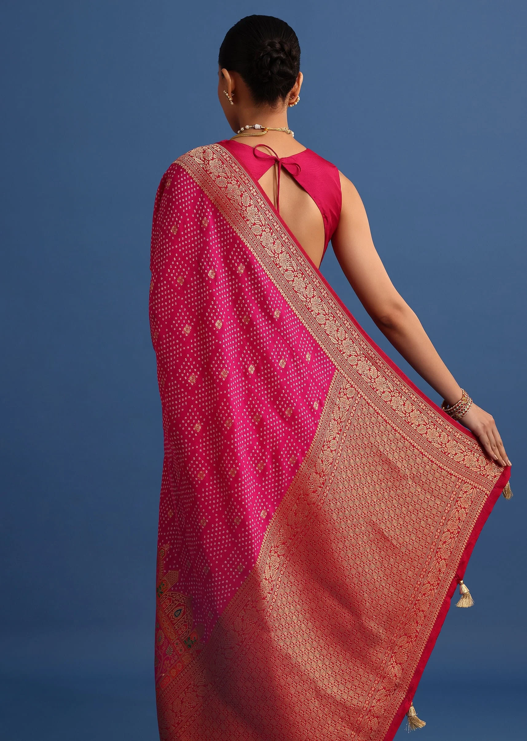 Rani Pink Banarasi Bandhani Satin Saree With Brocade Motifs On Border - Image 6