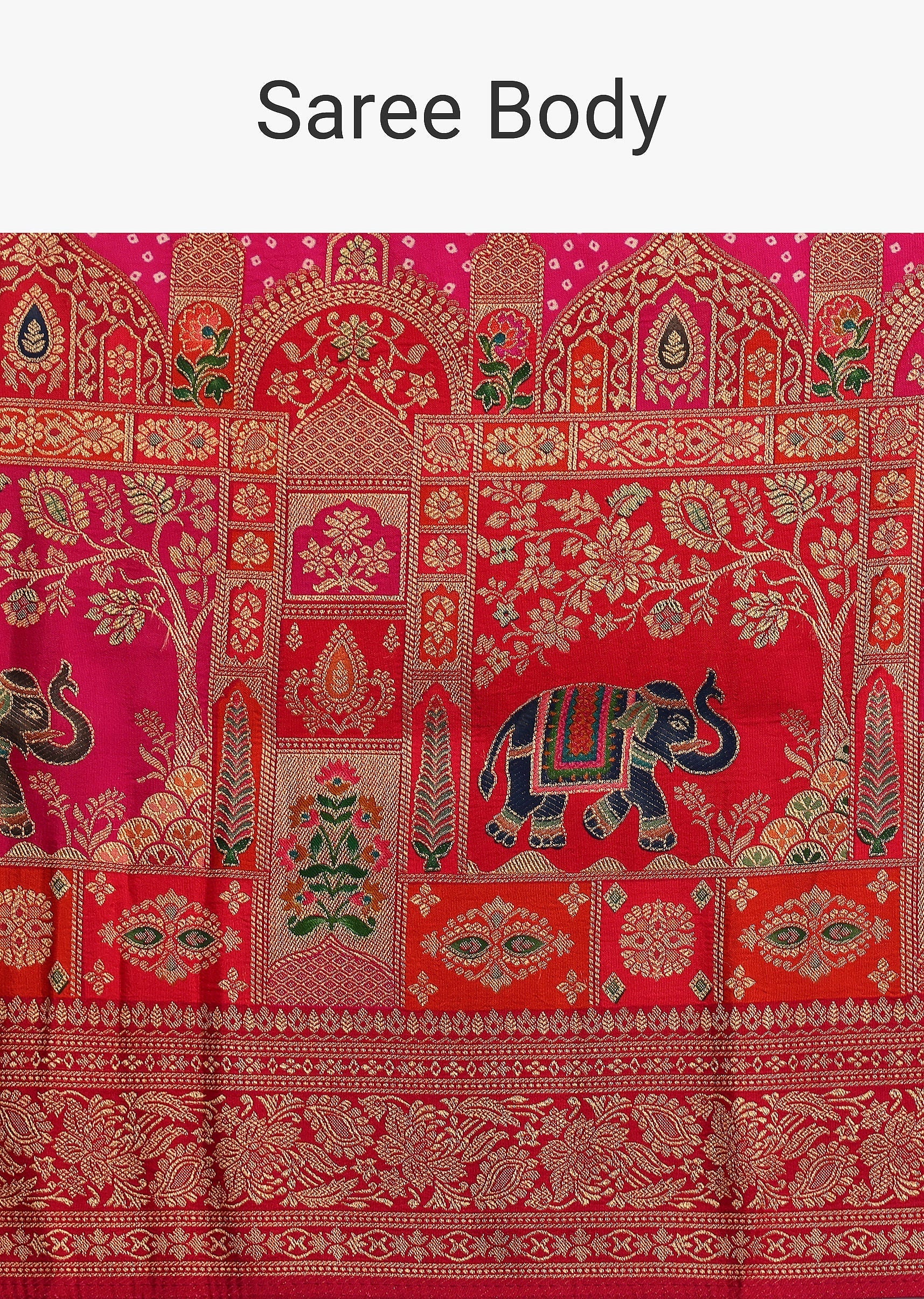 Rani Pink Banarasi Bandhani Satin Saree With Brocade Motifs On Border - Image 9