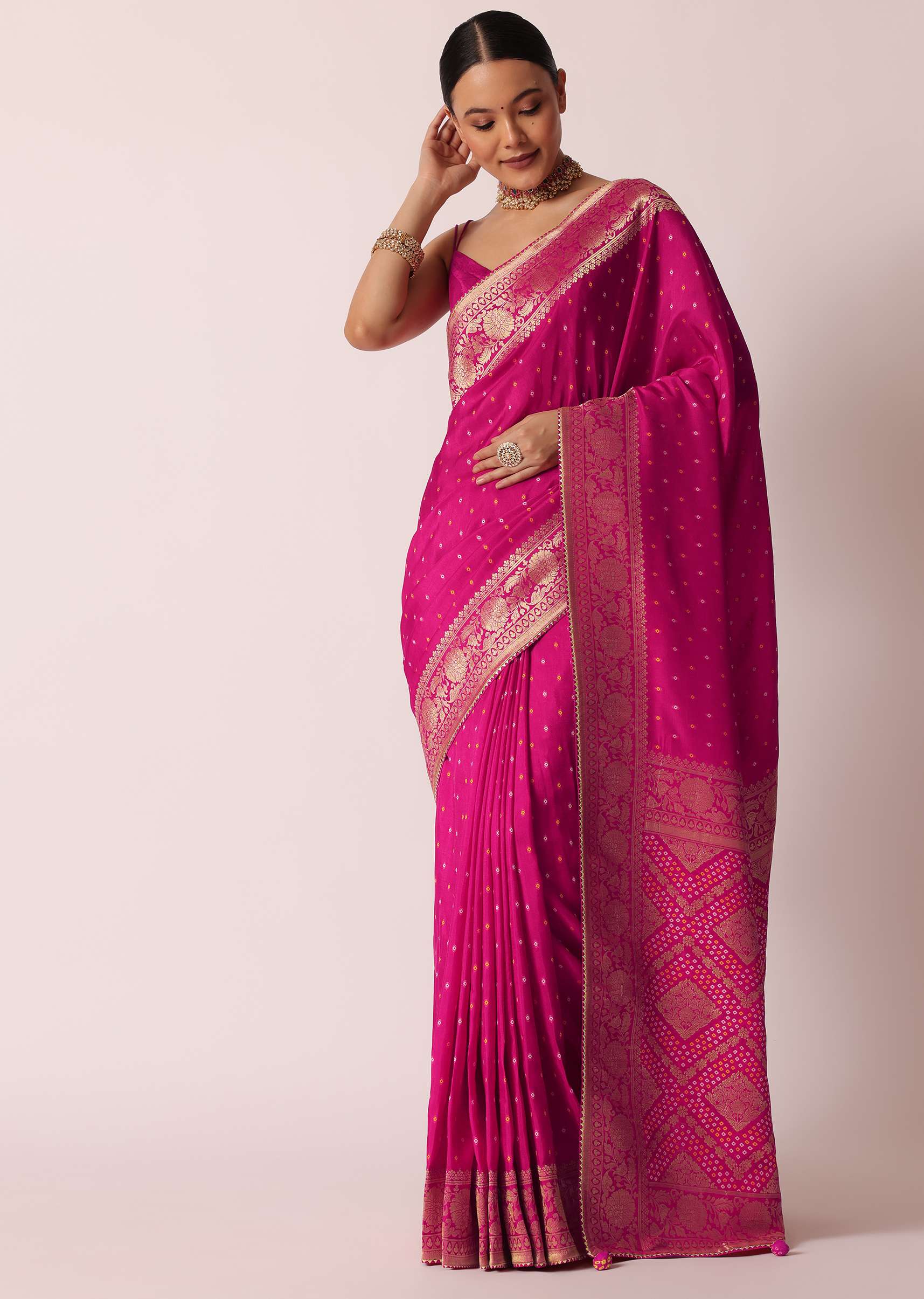 Rani Pink Banarasi Saree With Bandhani Buttis And Unstitched Blouse Piece - Image 3