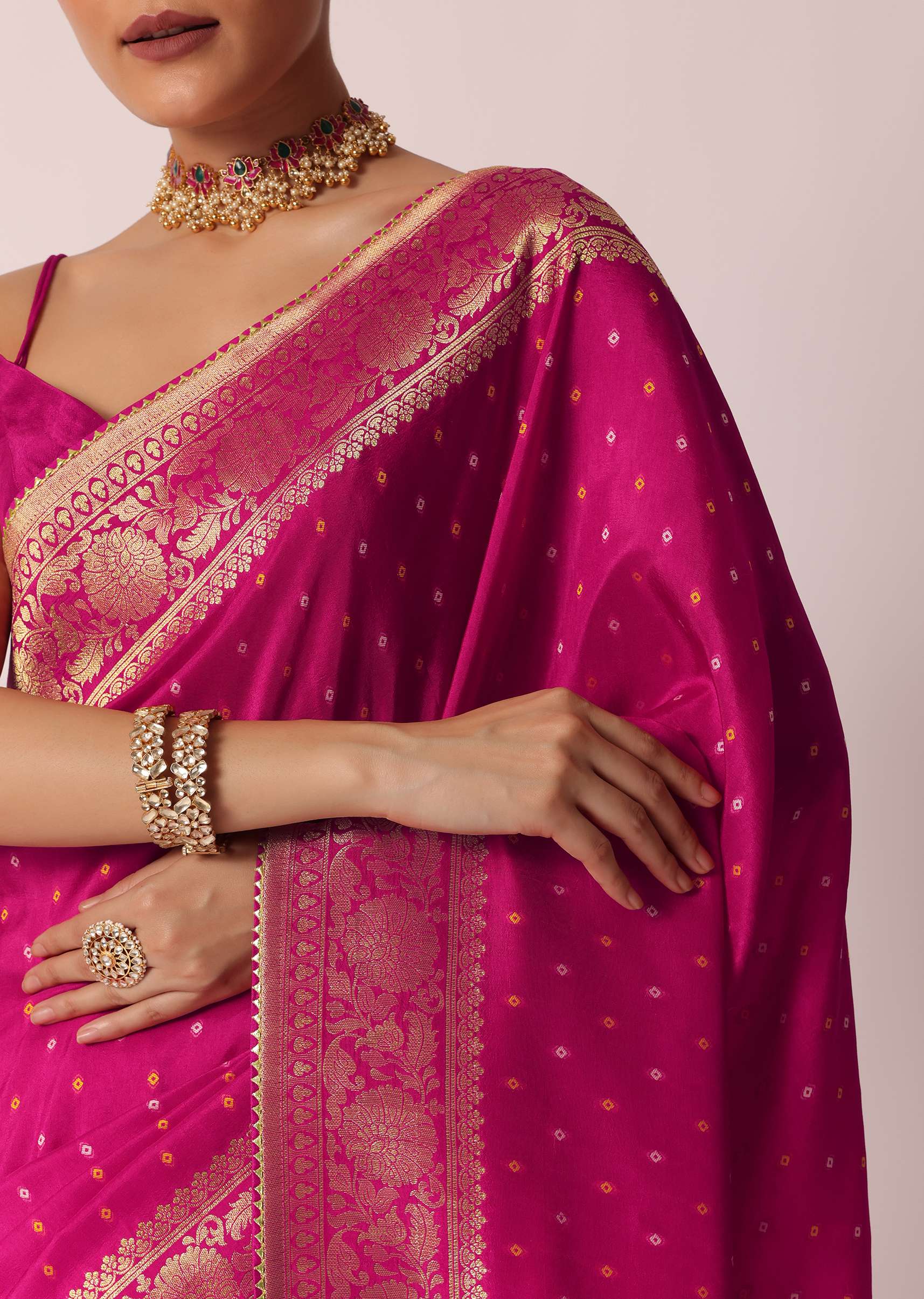 Rani Pink Banarasi Saree With Bandhani Buttis And Unstitched Blouse Piece - Image 5