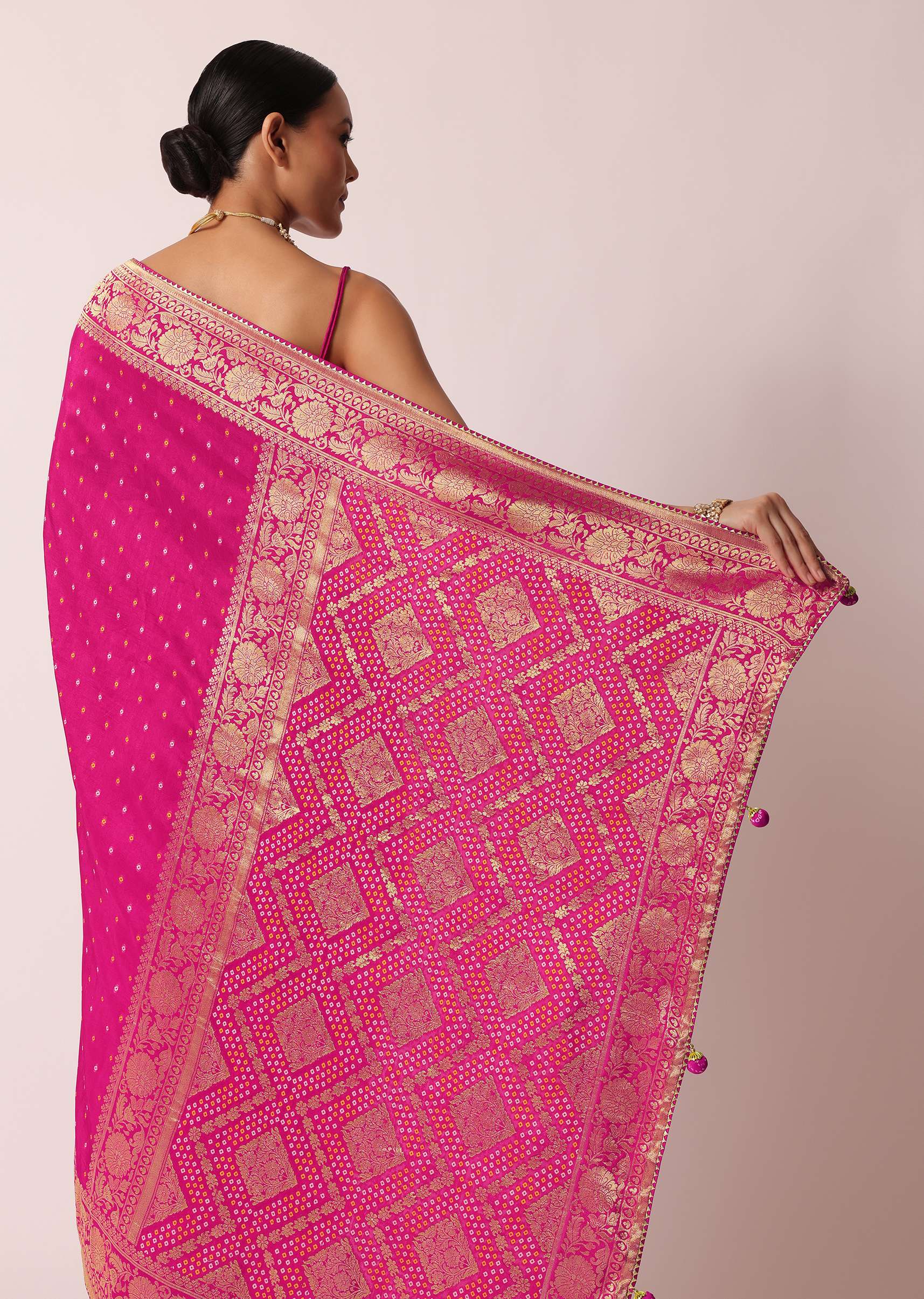 Rani Pink Banarasi Saree With Bandhani Buttis And Unstitched Blouse Piece - Image 6