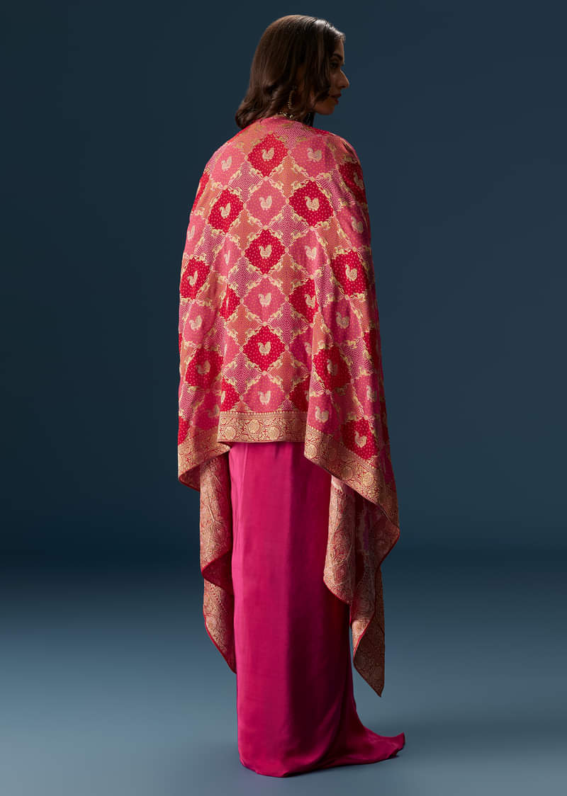 Rani Pink Embellished Blouse And Drape Skirt Set With Statement Cape - Image 2
