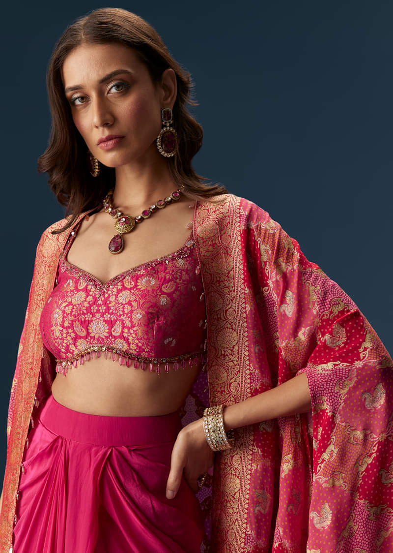 Rani Pink Embellished Blouse And Drape Skirt Set With Statement Cape - Image 3
