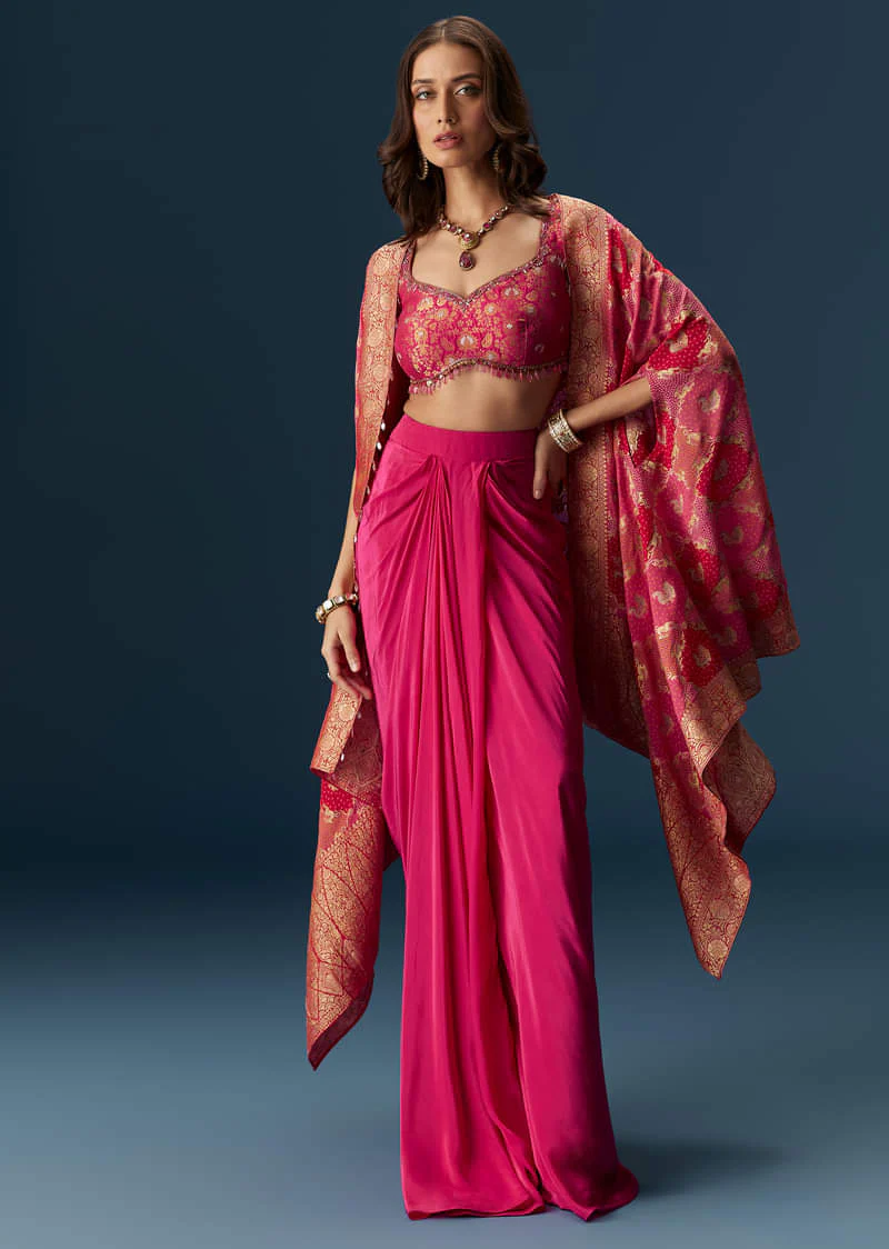 Rani Pink Embellished Blouse And Drape Skirt Set With Statement Cape - Image 4
