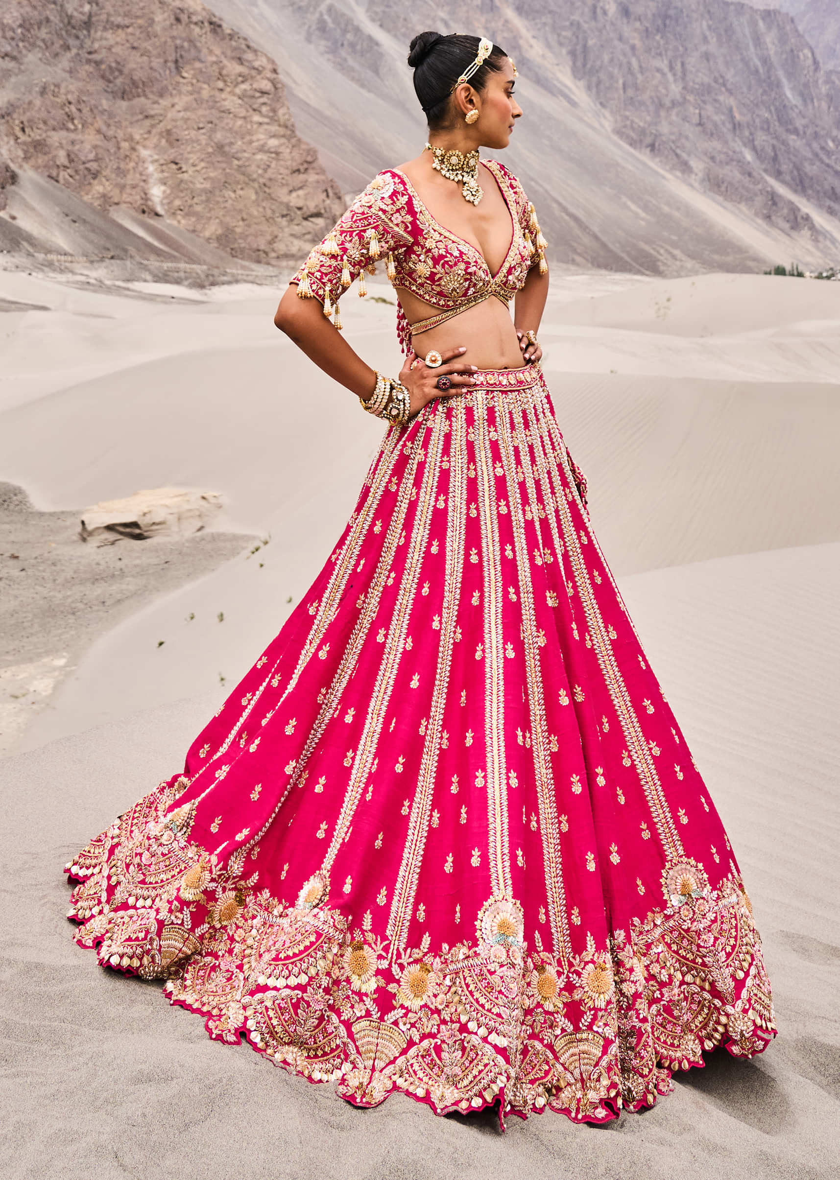 Rani Pink Heavy Embroidered Bridal Lehenga With Two Dupattas - Image 4