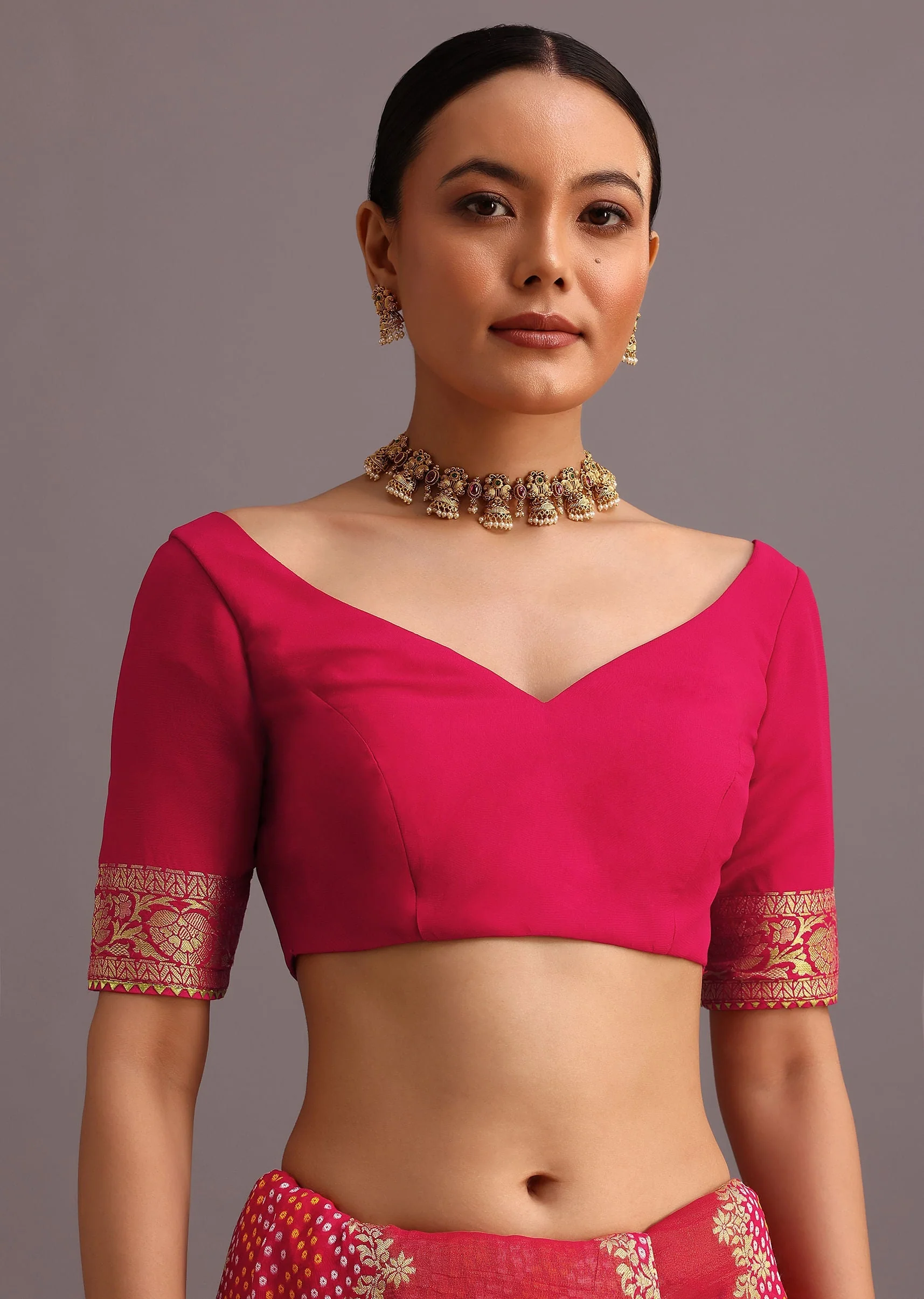 Rani Pink Khaddi Georgette Woven Saree With Gotta Patti Border - Image 7