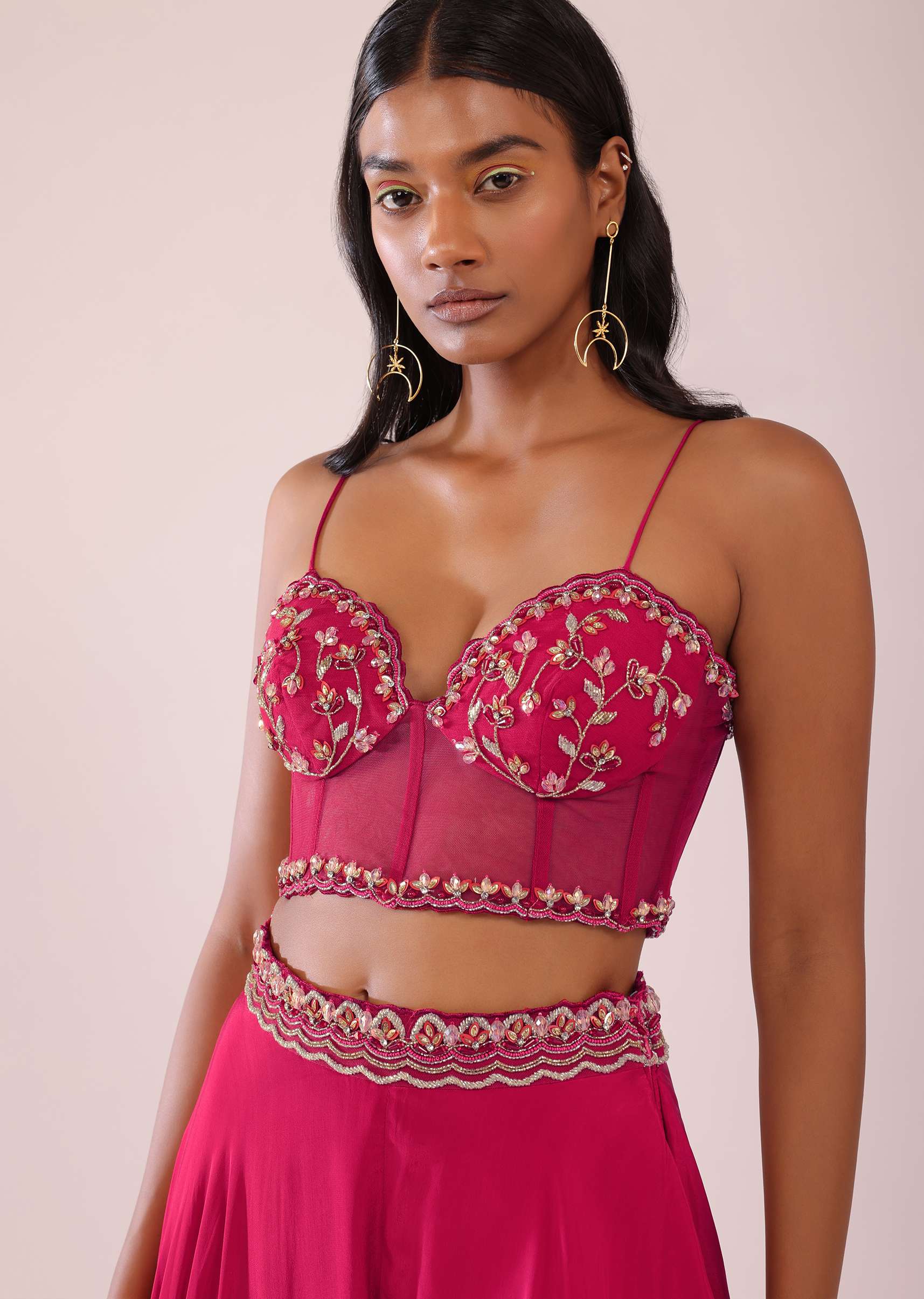 Rani Pink Organza Palazzo And Corset Blouse Set With Floral Embroidery - Image 9