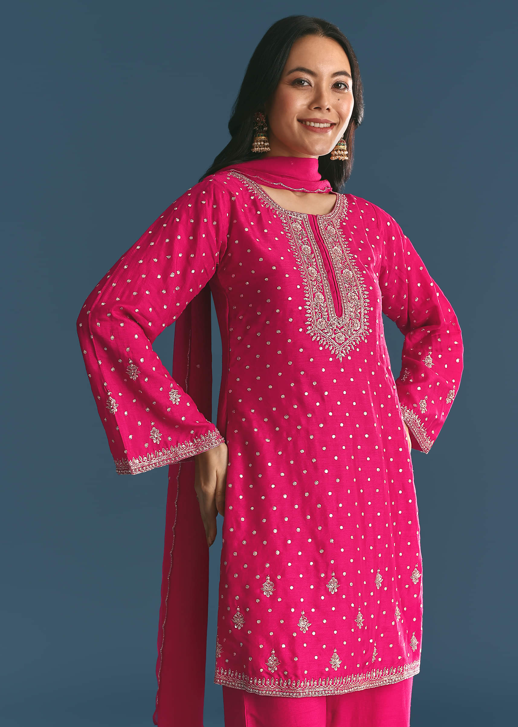 Rani Pink Silk Embroidered Kurta Set With Dupatta - Image 3