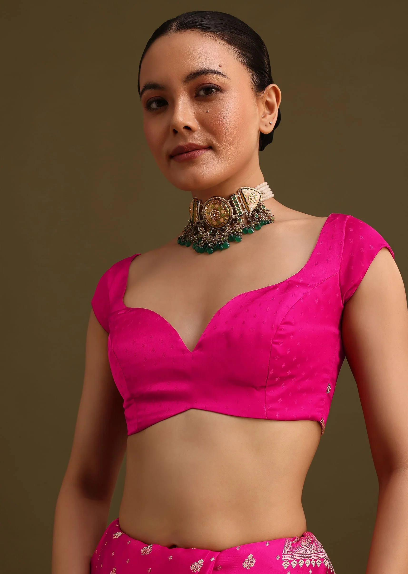 Rani Pink Zardosi Embroidered Saree With Unstitched Blouse - Image 7