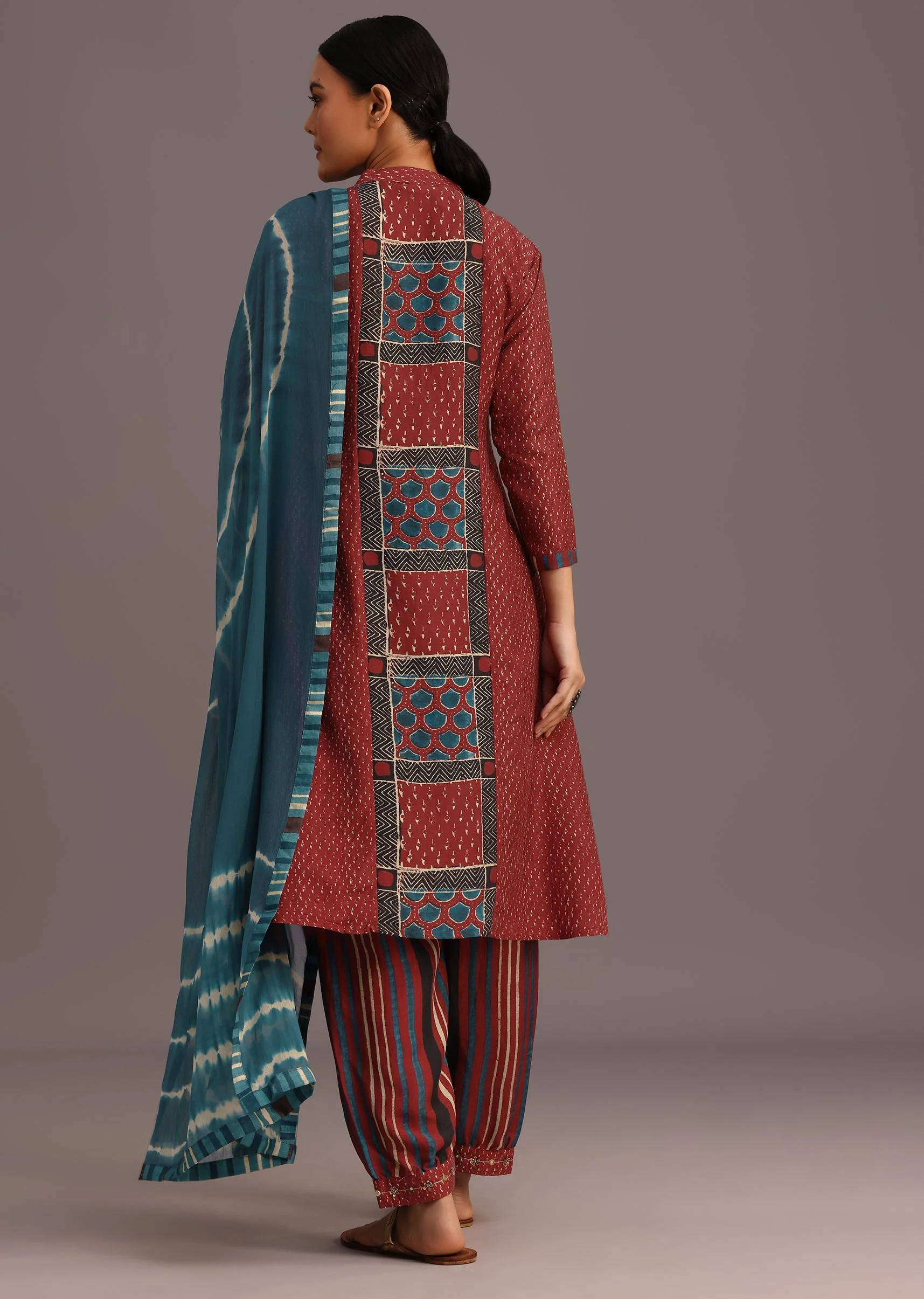 Red Ajrakh Printed Kurta Set With Leheriya Dupatta - Image 5
