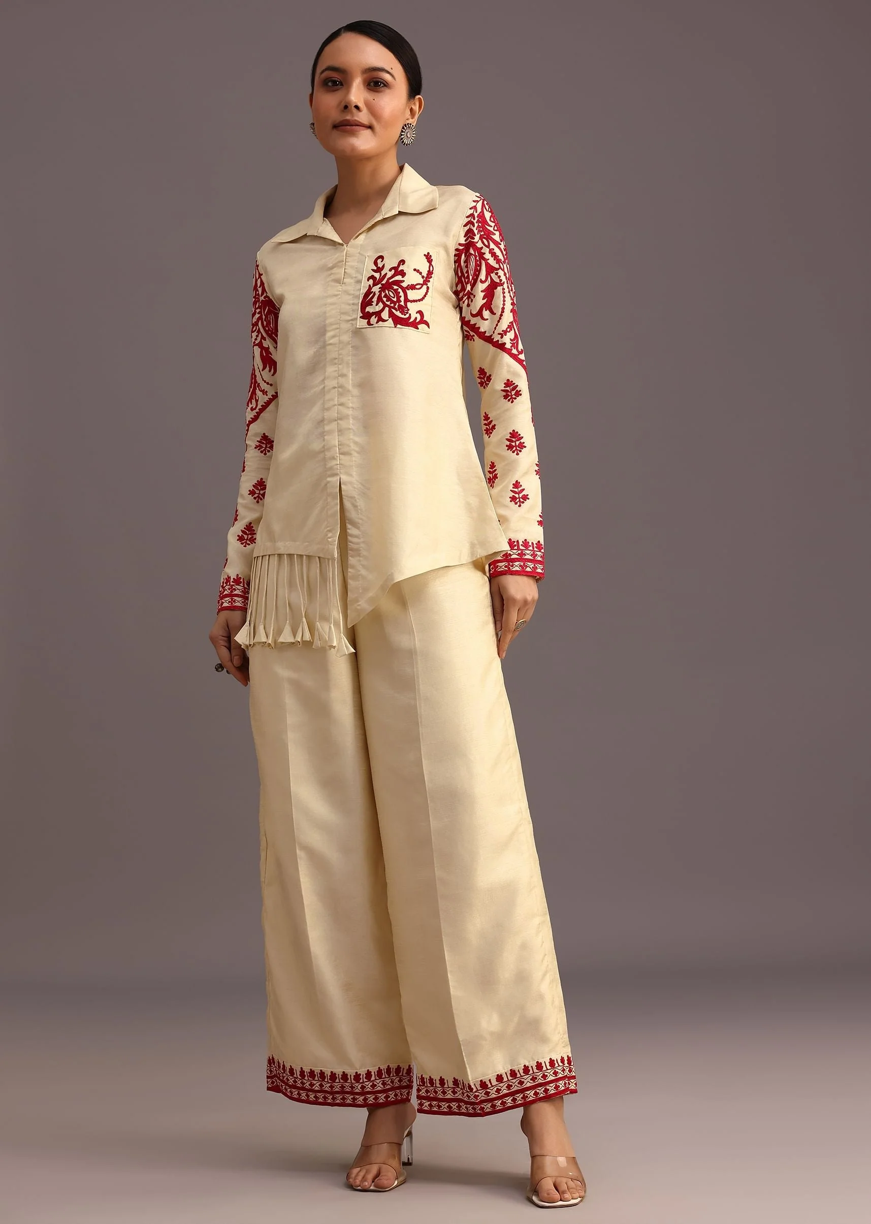 Red And Beige Thread Work Co-ord Set - Image 3