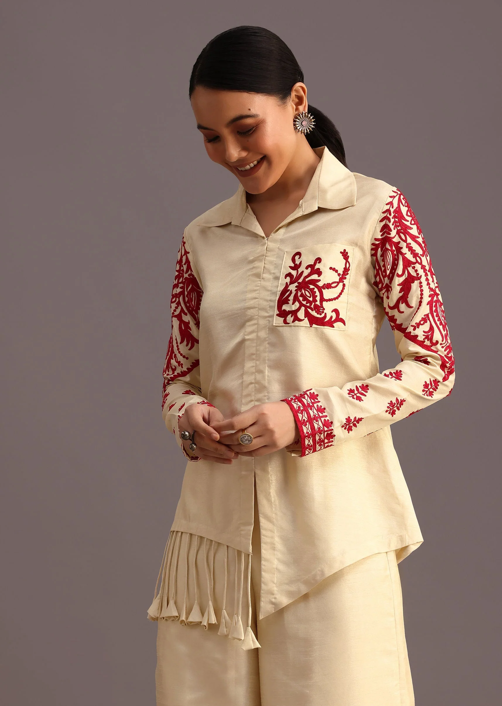 Red And Beige Thread Work Co-ord Set - Image 4