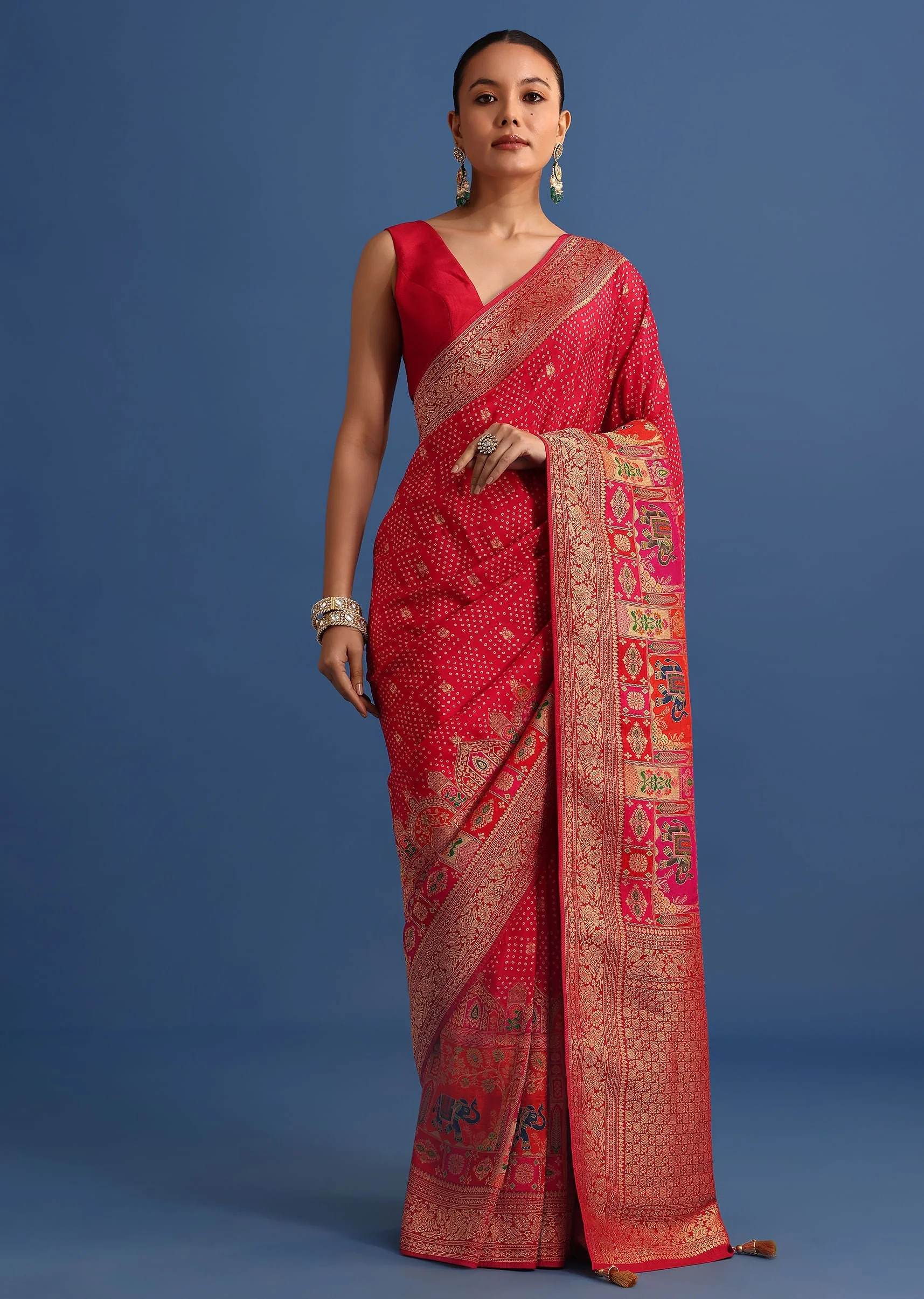 Red Banarasi Bandhani Satin Saree With Traditional Brocade Motifs On Border - Image 3