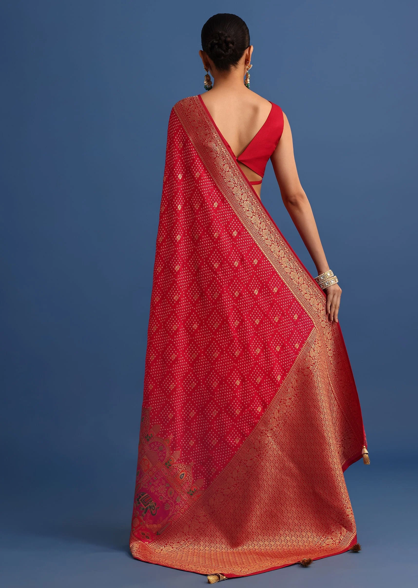 Red Banarasi Bandhani Satin Saree With Traditional Brocade Motifs On Border - Image 4