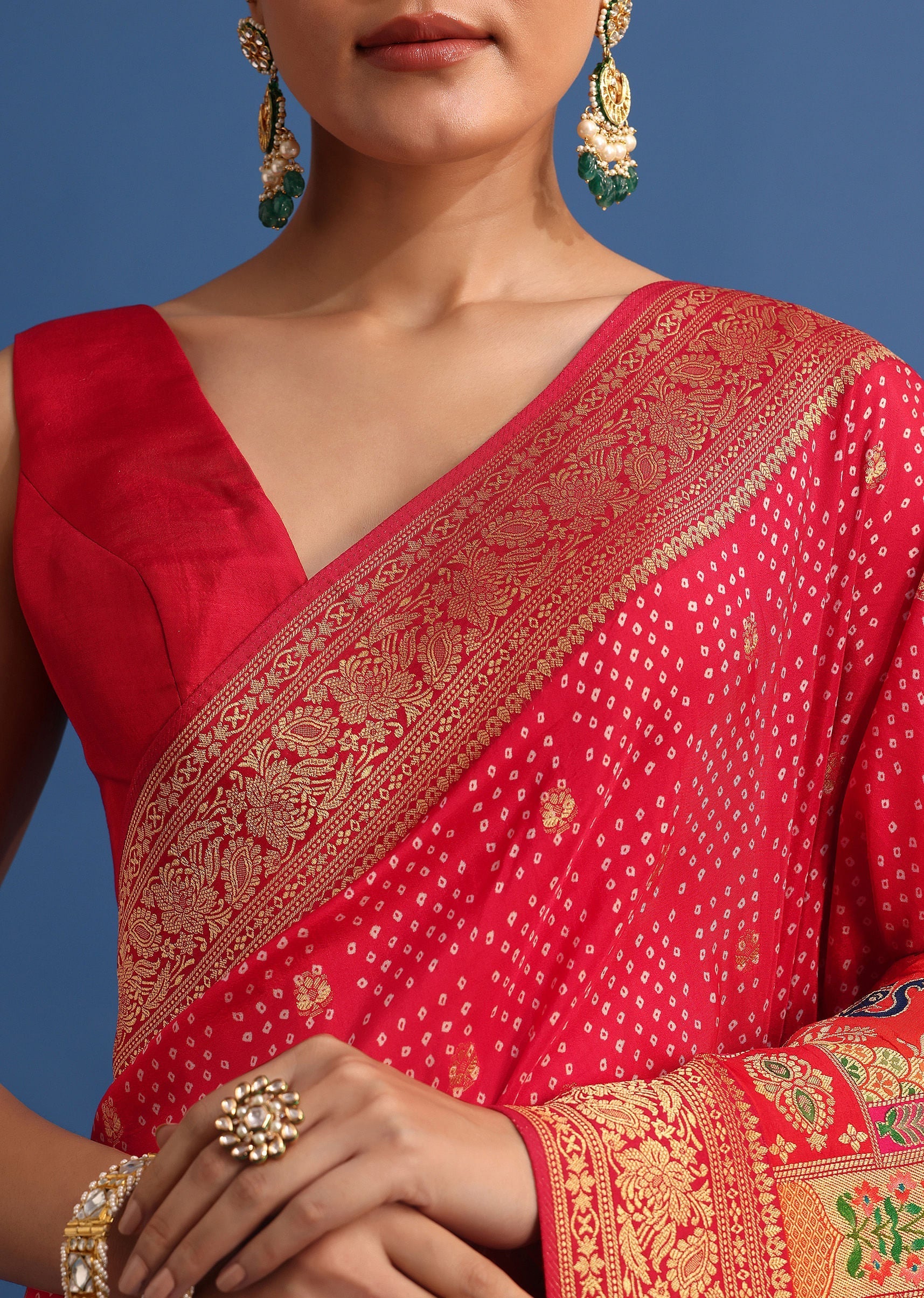 Red Banarasi Bandhani Satin Saree With Traditional Brocade Motifs On Border - Image 5